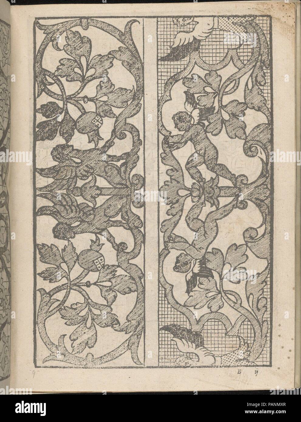Lucidario di Recami, page 9 (verso). Designer : Iseppo Foresto (Italien, Venise, 1557 active). Dimensions : hors tout : 7 7/8 x 5 7/8 in. (20 x 15 cm). Publié dans : Venise. Editeur : Jeronimo Calepino , 1564. Date : 1564. Conçu par Iseppo Foresto, publié par Jeronimo Calepino, 1564. De haut en bas, et de gauche à droite : Design composé de 3 colonnes verticales imprimée sur une grille. Colonne de gauche est décoré de 2 vignes entrelacés qui forment des ovales contenant des feuilles et des fleurs en pointillé. Colonne du milieu est orné d'un élément circulaire centrale qui est illustré avec 2 Oiseaux dans son intime s Banque D'Images