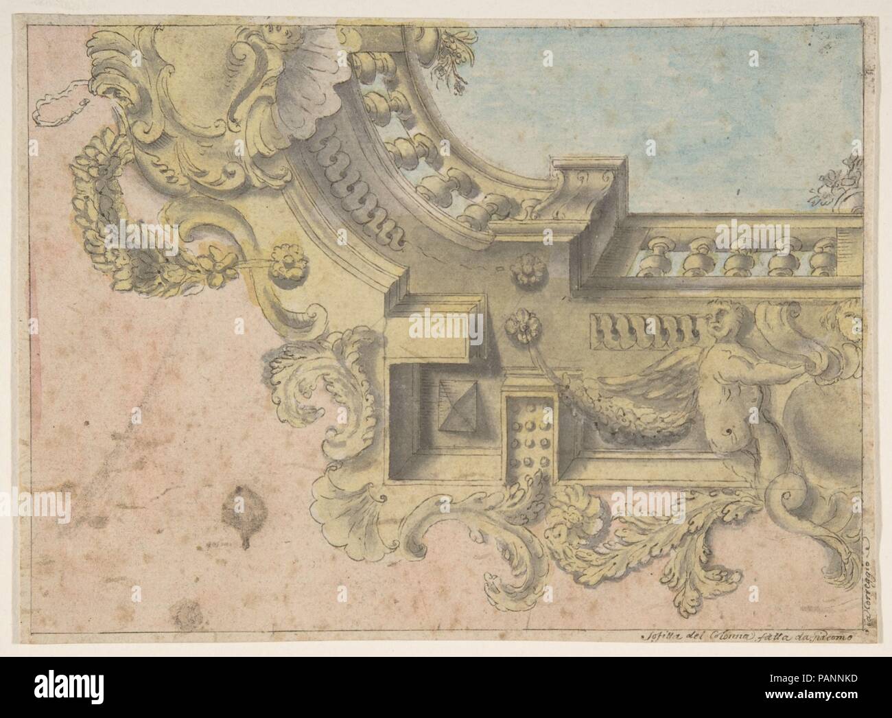 Conception d'un plafond décoré avec Putti et de guirlandes et une Forshortening d'une balustrade autour d'un oculus. Atelier de l'artiste : assistant Michelangelo Colonna (Italien, Ravenne/Como 1604-1687 Bologne). Fiche technique : Dimensions : 5 1/2 x 7 1/2 in. (14 x 19,1 cm). Date : le 17e siècle. Musée : Metropolitan Museum of Art, New York, USA. Banque D'Images