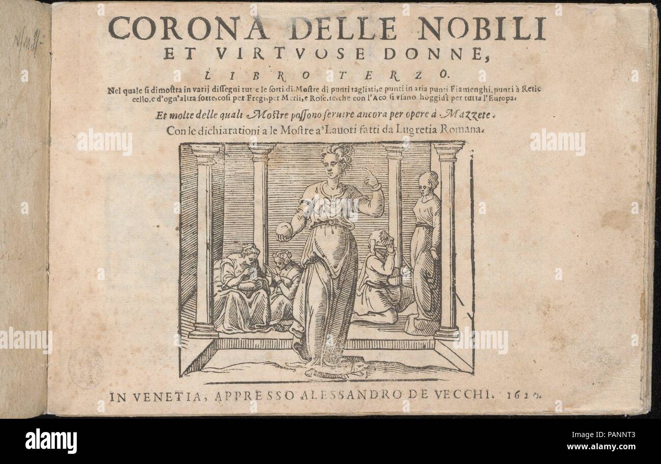 Corona delle Nobile et Virtuose Donne, Libro Terzo, page de titre (recto). Designer : Cesare Vecellio (Italien, Pieve di Cadore Venise Venise , 1521-1601). Dimensions : hors tout : 5 1/2 x 7 2/13 in. (14 x 19,5 cm). Editeur : Alessandro de' Vecchi (Italien, Venise, actif 1570-1629) , Venise. Date : 1620. Conçu par Cesare Vecellio, Italien, Pieve di Cadore 1521-1601 Venise, Venise, publié par Alessandro de' Vecchi, Italien, actif du 17e siècle, Venise. Titre imprimé en noir. Titre ci-dessous est une scène représentant une femme qui se dresse la statue vêtu sur une tortue tout en tenant un objet rond dans sa r Banque D'Images