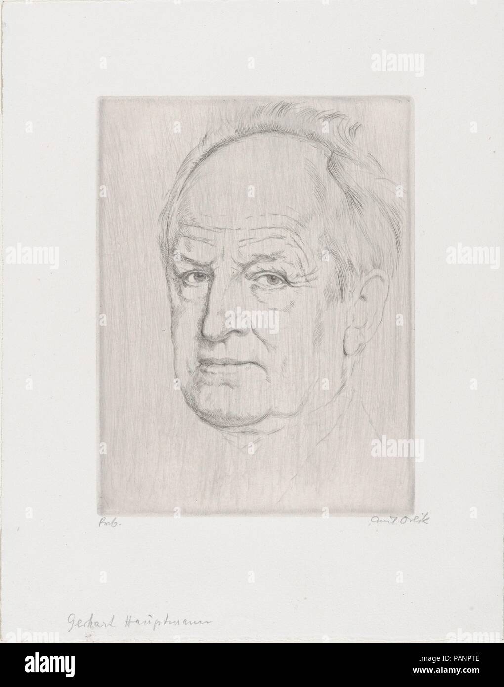 Gerhart Hauptmann. Artiste : Emil Orlik (Prague, Berlin 1870-1932 austro-hongrois). Fiche technique : Dimensions : 12 1/2 x 9 3/4 in. (31,8 x 24,8 cm) Plaque : 8 3/16 x 6 3/8 in. (20,8 x 16,2 cm). Sitter : Gerhart Hauptmann. Date : n.d.. Musée : Metropolitan Museum of Art, New York, USA. Banque D'Images