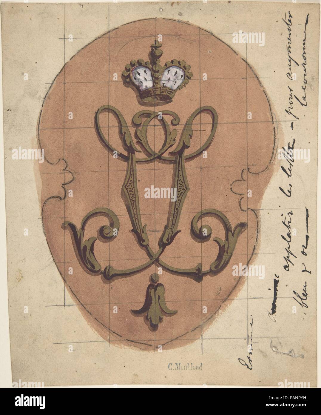 Pour la conception d'un monogramme surmonté d'une couronne. Artiste : Charles Monblond (Français, 19e siècle). Dimensions : 8 1/4 x 6 3/4 in. (21,0 x 17,1 cm). Date : du 19e siècle. Musée : Metropolitan Museum of Art, New York, USA. Banque D'Images