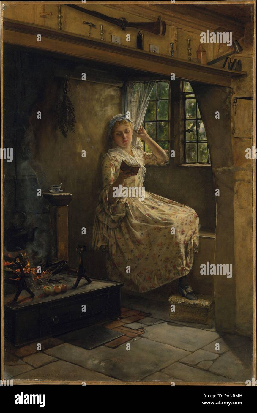 Un Cosey Corner. Artiste : Frank Millet (1846-1912). Dimensions : 36 1/4 x 24 1/4 in. (92,1 x 61,6 cm). Date : 1884. Le Millet, qui s'est spécialisé dans l'anglais américain et la peinture de genre de costume, d'abord visité Broadway, le pittoresque village des Cotswolds, en 1884. Son home studio et il allait devenir le centre d'une colonie d'artistes anglo-américaine à laquelle John Singer Sargent et Henry James sont de fréquents visiteurs. Le costume de la figure la lecture dans un 'Corner' Cosey est une re-création de plusieurs Français dix-huitième siècle, la mode et l'architecture intérieure semble également l'anglais. Sev Banque D'Images