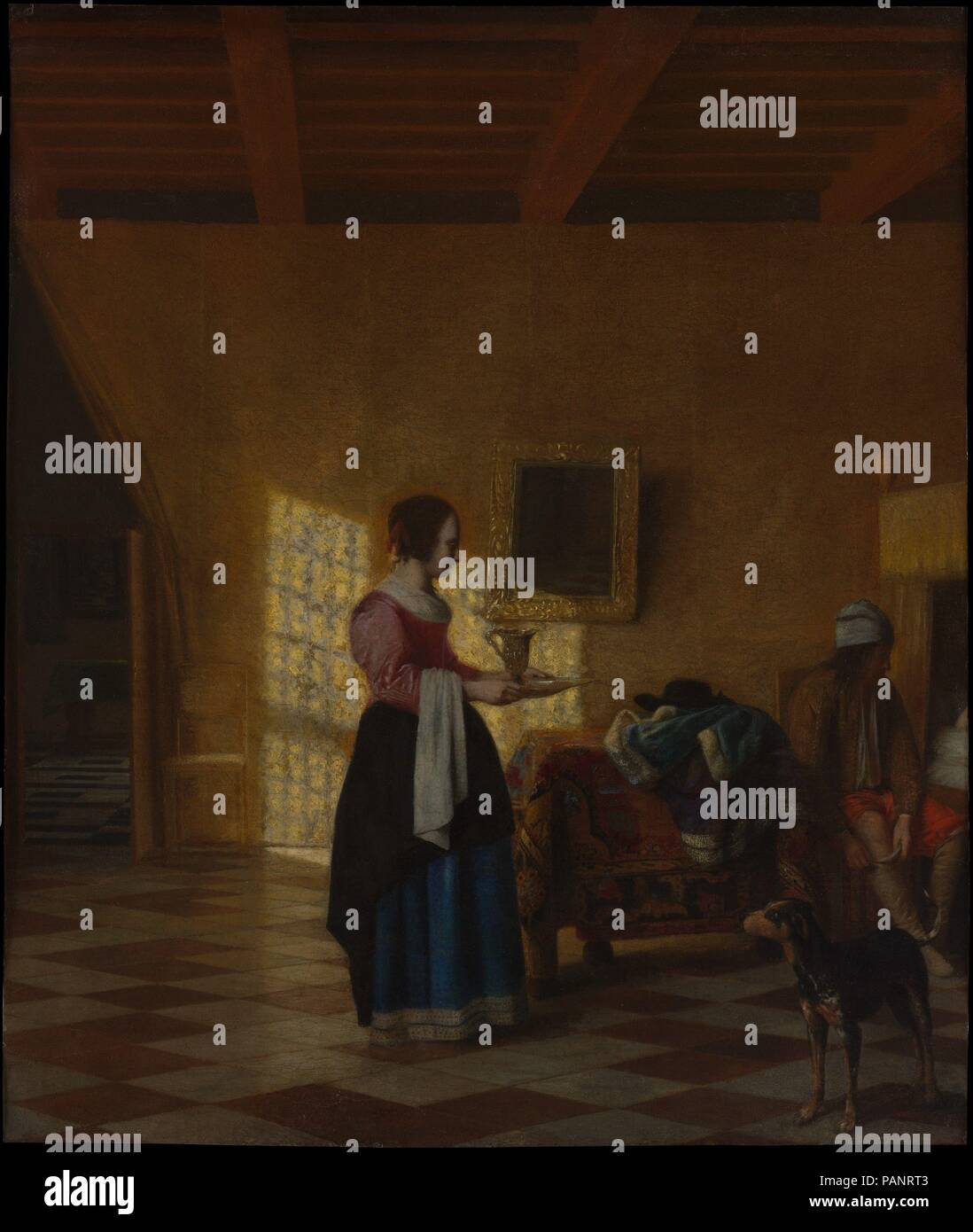 Femme avec une cruche d'eau, et un homme par un lit ('La Servante'). Artiste : Pieter de Hooch (Néerlandais, Rotterdam 1629-1684 Amsterdam). Dimensions : 24 1/4 x 20 1/2 in. (61,5 x 52,1 cm). Date : ca. 1667-70. Cette photo de la fin des années 1660 a été réduit d'environ sept pouces avant 1841, l'élimination d'une femme dans le lit sur la droite (décrit dans un catalogue de vente de 1785). Deux pouces ont été ajoutés à la partie supérieure de la toile, et l'homme assis, apparemment, la femme, l'amant a été peint une en même temps. Musée : Metropolitan Museum of Art, New York, USA. Banque D'Images