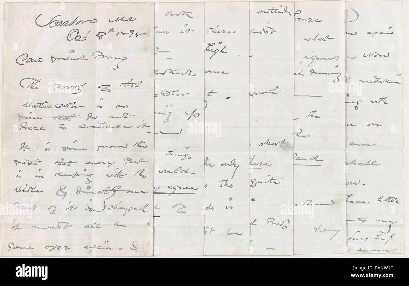 Lettre autographe à Louis Prang, discuter de la lithographie 'Côte Est'. Auteur : Winslow Homer (Américain, Boston, Massachusetts 1836-1910 Prouts Neck, Maine). Fiche technique : Dimensions : 9 x 5 3/8 in. (22,8 x 13,6 cm). Date : 8 octobre 1895. Musée : Metropolitan Museum of Art, New York, USA. Banque D'Images