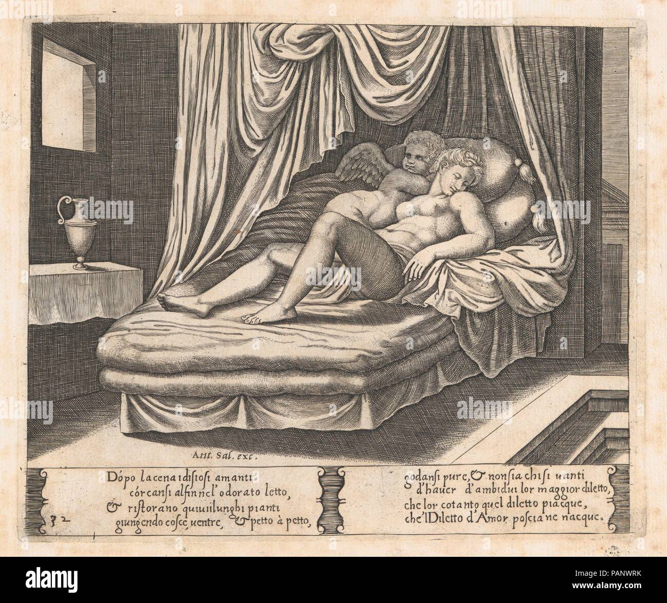 32 : Plaque d'Amour et Psyché dans le lit nuptial, à partir de l'histoire d'Amour et Psyché comme dit par Apulée. Artiste : Maître de la matrice active (italienne, Rome, ca. 1530-60) ; Après Michiel Coxie (I) (Malines, Russisch ca. 1499-1592 Malines). Fiche Technique : Dimensions : 10 1/4 × 15 13/16 in. (26 × 40,2 cm) Plaque : 7 5/8 x 9 3/16 in. (19,3 × 23,3 cm). Editeur : Antonio Salamanca Salamanca (1478-1562) de Rome. Portefeuille/Série : l'histoire d'Amour et Psyché comme dit par Apulée. Date : 1530-60. Ce livre contient 32 planches liés ensemble, dont 3 par Agostino Veneziano. Musée : Metropolitan Museum of Art Banque D'Images