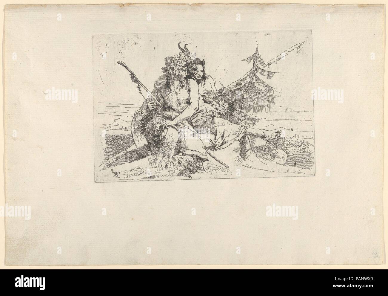 Bacchant, Satyr et Fauness, du Scherzi. Artiste : Giovanni Battista Tiepolo (Venise, Italie Madrid 1696-1770). Dimensions : Plateau : 5 1/4 x 7 13/16 in. (13,3 x 19,8 cm) : Feuille 9 1/8 x 13 7/16 po. (23,2 x 34,1 cm). Date : ca. 1740. Musée : Metropolitan Museum of Art, New York, USA. Banque D'Images