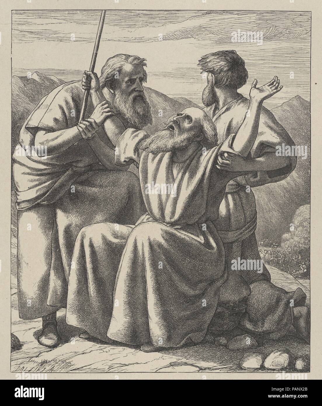 Les mains de Moïse s'est tenu le haut (Dalziels' Bible Galerie). Artiste : Frederick Richard Pickersgill après (britannique, Londres 1820-1900, Yarmouth Île de Wight). Dimensions : Image : 8 3/8 × 6 7/8 in. (21,3 × 17,5 cm) Fiche technique : l'Inde 10 9/16 x 9 1/16 in. (26,9 × 23 cm) Mont : 16 7/16 po. × 12 15/16 in. (41,8 × 32,8 cm). Graveur : Dalziel Brothers (britannique, 1839-1893) active. Imprimante : Camden Press (britannique, Londres). Editeur : Scribner et Welford (New York, NY). Date : 1865-81. Musée : Metropolitan Museum of Art, New York, USA. Banque D'Images