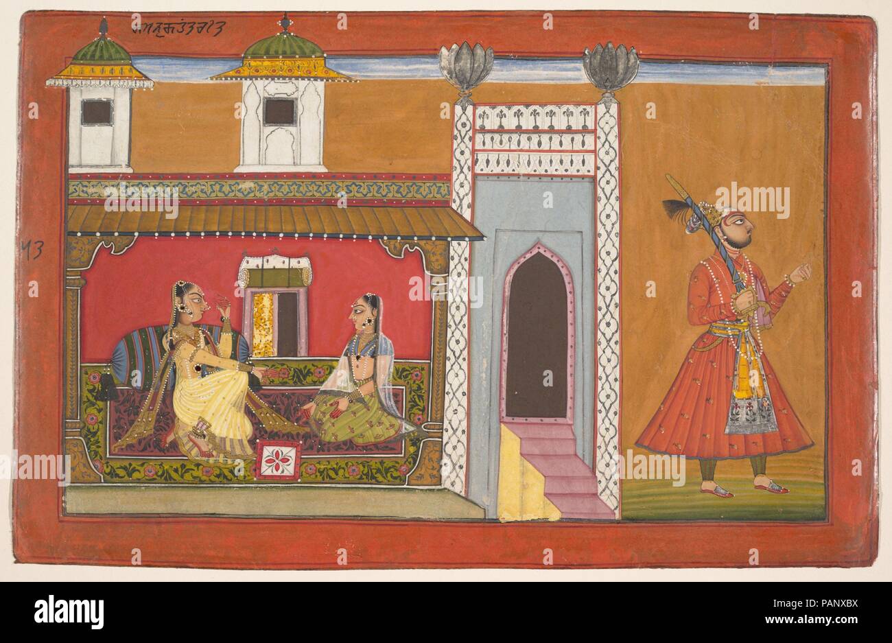 Une courtisane et son amoureux séparés par une querelle : Page d'une série Rasamanjari. Artiste : Devidasa de Nurpur actif (ca. 1680-ca. 1720). Culture : l'Inde (Pendjab Hills, Basohli). Dimensions : hors tout : 8 5/8 po x 12 3/4 po. (21,9 x 32,4cm) Peinture à l'intérieur de règles : 6 3/4 x 11 1/4 in. (17,2 x 28,6 cm). En date du Date : 1694-95. La Rasamanjari (essence de l'expérience de plaisir) est une série de poèmes de la fin du xve siècle qui catégorise subtilement les situations amoureuses, les humeurs et caractéristiques physiques de la femme. Dans cette image, la demi-porte ouverte fait allusion à l'amant départ précipité du palais de son mistr Banque D'Images