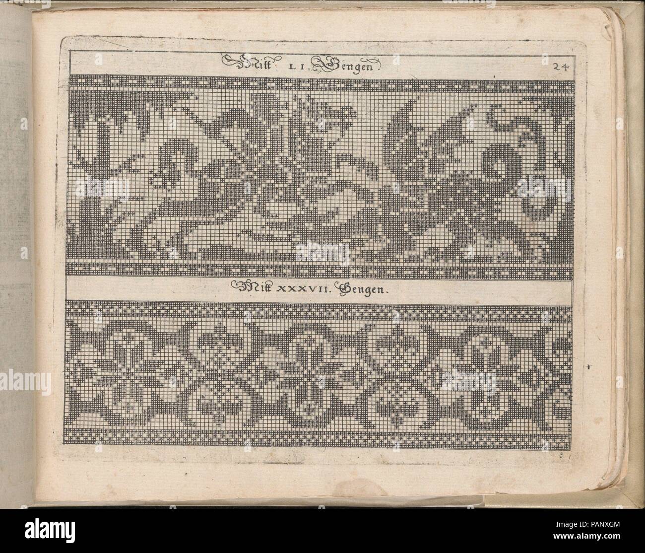 Schön Neues Modelbuch (Page 29 recto). Designer : Johann Sibmacher (allemand, actif 1590-1611). Dimensions : hors tout : 6 1/8 x 7 13/16 in. (15,5 x 19,8 cm). Editeur : Balthasar (Caymox allemand, Bersse ( ?) 1561-1635 Nuremberg). Date : 1597. Conçu par Johann Sibmacher, Allemand, actif 1590-1611, publié par Caimox, Nürmberg. Titre illustré signé CM et Jo. Sibmacher, 7 pages de texte entouré de bordures décoratives, et 35 pages de dessins pour le tissage, la broderie, et les draps. Musée : Metropolitan Museum of Art, New York, USA. Banque D'Images