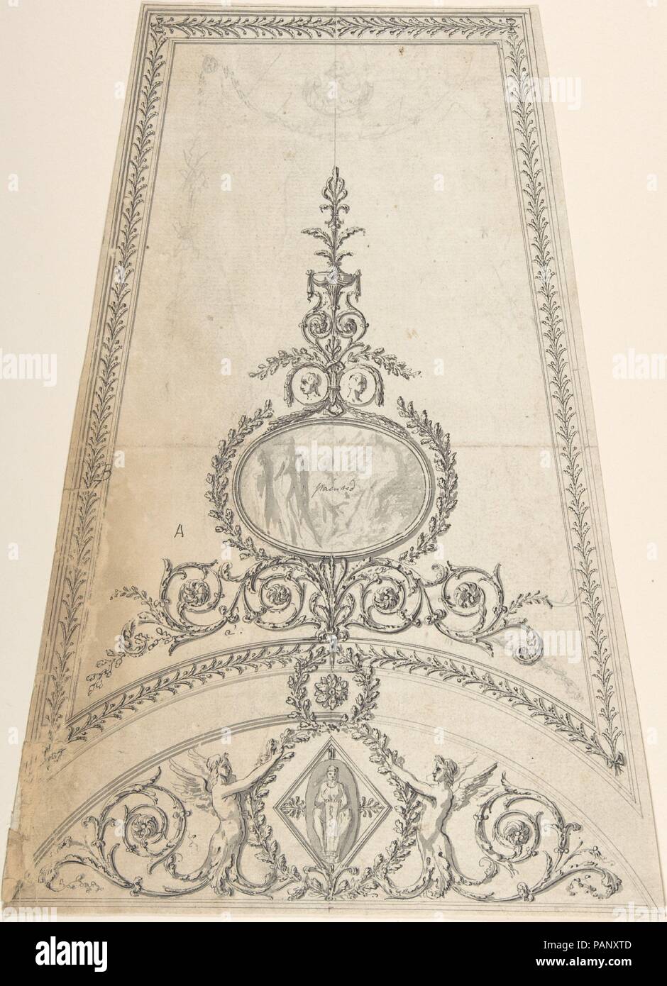 Conception pour segment d'un plafond octogonal ; Gower House, Whitehall, Londres. Artiste : Sir William Chambers (British (née en Suède), Göteborg 1723-1796 Londres) ; John Manana entre Reves (britannique, Londres ( ?) 1750-1821 Londres). Fiche technique : Dimensions : 13 x 10 7/16 in. (34,2 x 25,4 cm). Date : ca. 1766-74. Musée : Metropolitan Museum of Art, New York, USA. Banque D'Images