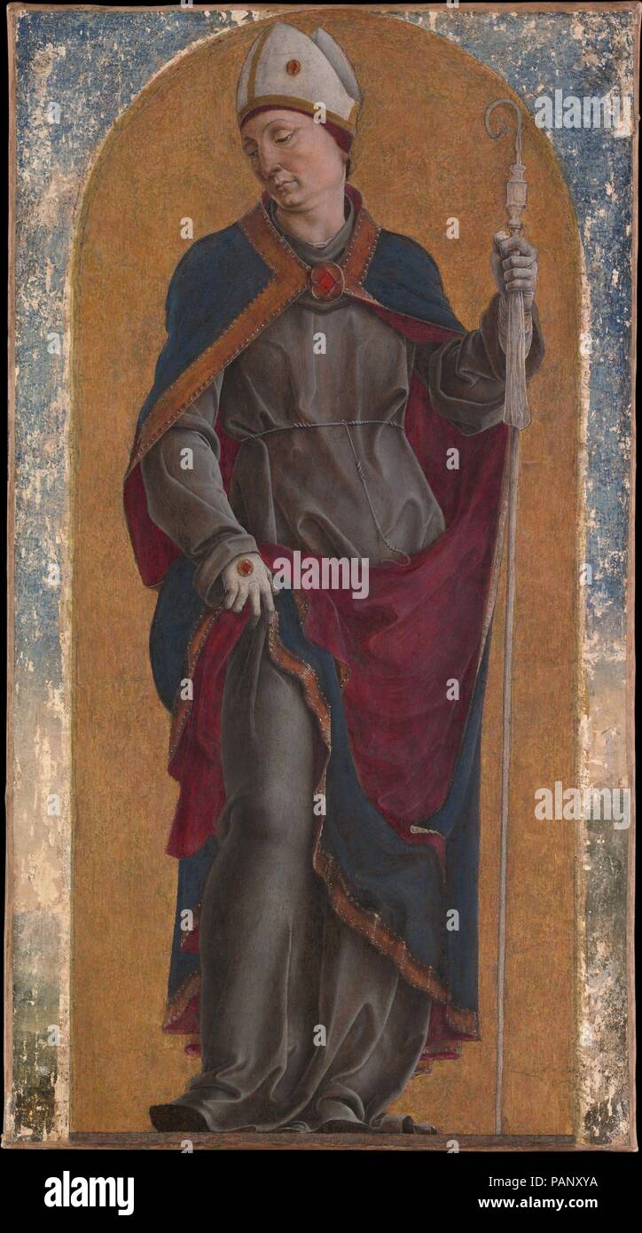 Saint Louis de Toulouse. Artiste : Cosmè Tura (Cosimo di Domenico di Bonaventura (Italien), Ferrara ca. 1433-1495). Dimensions : Hors tout 28 1/2 x 15 5/8 in. (72,4 x 39,7 cm) ; taille originale 28 1/4 x 12 5/8 in. (71,8 x 32,1 cm). Date : 1484 ?. Cette photo, malheureusement pas en bon état, est d'un retable, la reconstruction de ce qui a été beaucoup débattue ; un compagnon de bord de Saint Nicolas de Bari est également connu. Le saint est illustré à partir d'un point faible, comme si l'article sur le bord du cadre. La riche et expressive, poser des rideaux ondulés sont caractéristiques de Tura's style. Banque D'Images