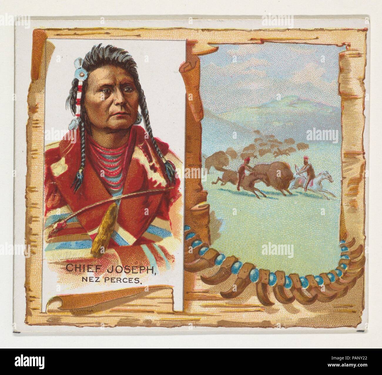 Le chef Joseph, Nez Perces, de l'American Indian Chiefs series (N36) pour Allen & Ginter Cigarettes. Fiche Technique : Dimensions : 2 7/8 x 3 1/4 in. (7,3 x 8,3 cm). Editeur : Publié par Allen & Ginter (Américain, Richmond, Virginie). Date : 1888. Les cartes commerciales de l 'American Indian Chiefs" (N36), publié en 1888 dans un jeu de 50 cartes pour promouvoir Allen & Ginter cigarettes d'une marque. Série N36 reproduit les cartes de N2 dans une plus grande taille. Musée : Metropolitan Museum of Art, New York, USA. Banque D'Images