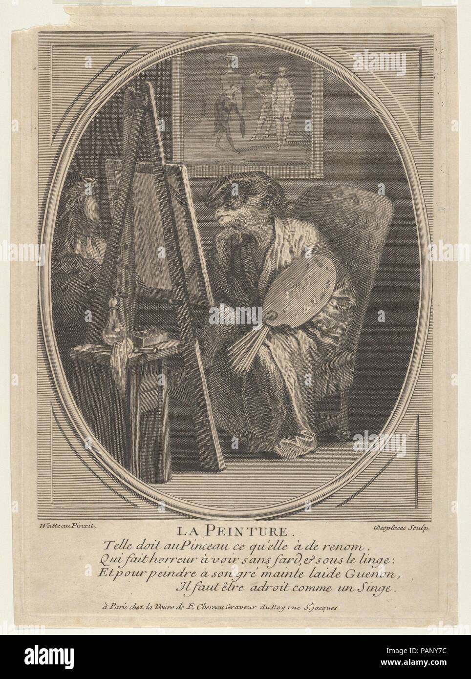 La peinture (la peinture) : un singe assis sur un chevalet, vêtu d'une robe  et beret et tenant une palette de peintre, un tableau accroché au mur au-delà.  Artiste : Après Antoine