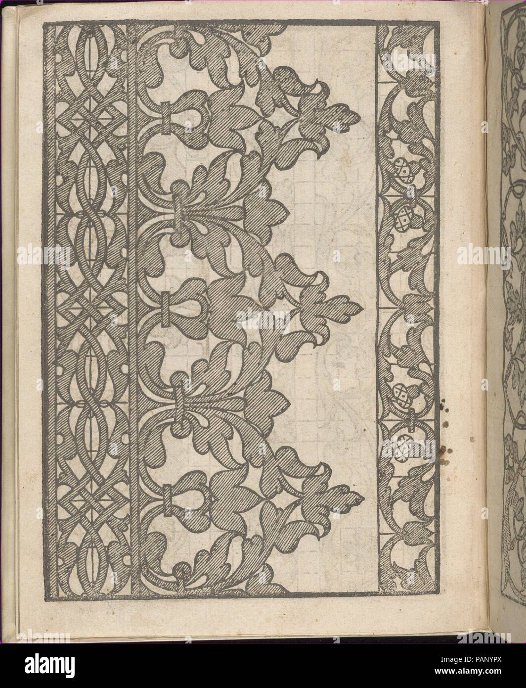 Lucidario di Recami, page 4 (recto). Designer : Iseppo Foresto (Italien, Venise, 1557 active). Dimensions : hors tout : 7 7/8 x 5 7/8 in. (20 x 15 cm). Publié dans : Venise. Editeur : Jeronimo Calepino , 1564. Date : 1564. Conçu par Iseppo Foresto, publié par Jeronimo Calepino, 1564. De haut en bas, et de gauche à droite : Design composé de 3 colonnes verticales. Colonne de gauche est décoré dans le centre avec une fleur dans un vase qui est flanquée de vignes en courbe de feuilles sur lequel 2 créatures serpentines montée. Colonne du milieu est décorée dans le centre avec une fleur dans un vase qui est flanquée de 2 vine Banque D'Images