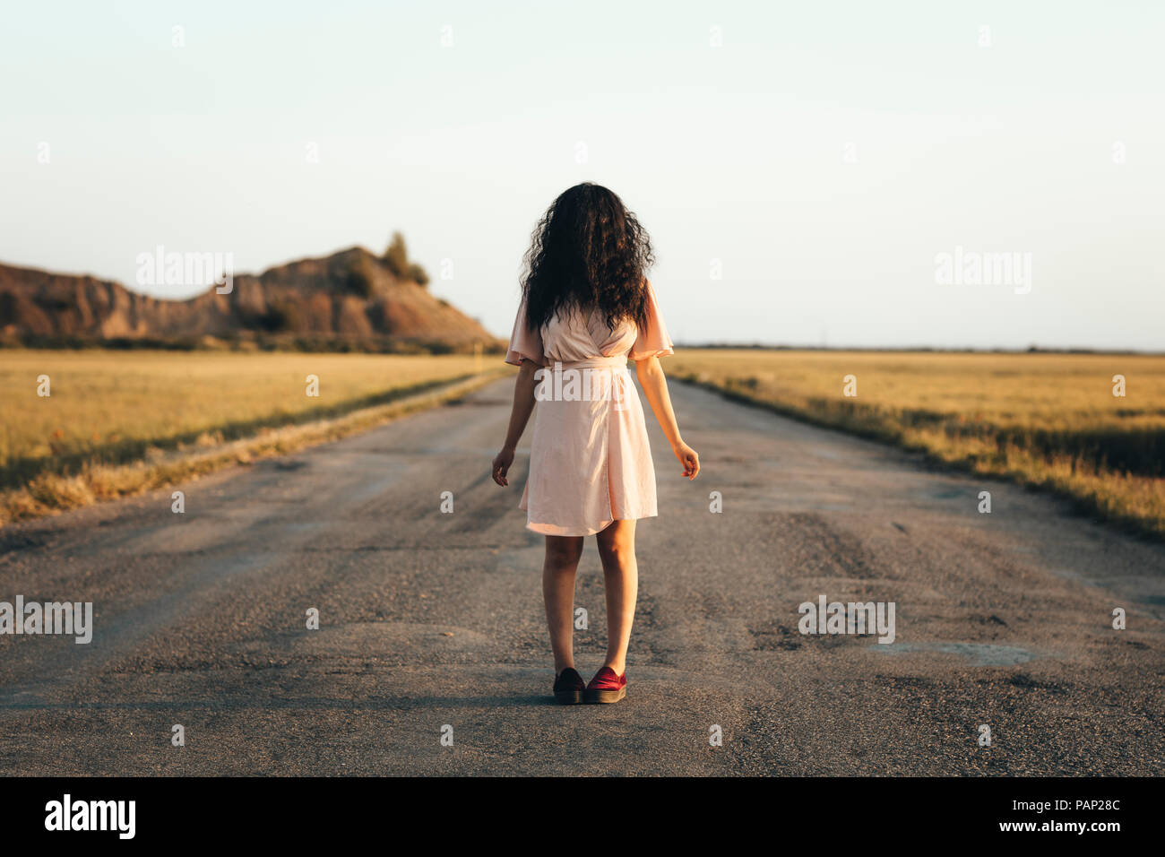 Young woman standing on country road, cachant son visage derrière les cheveux bruns Banque D'Images