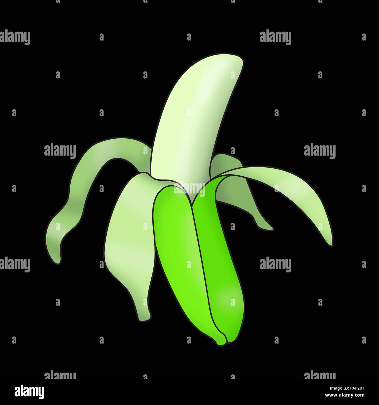 Illustration d'une banane pelée vert sur fond noir. Banque D'Images