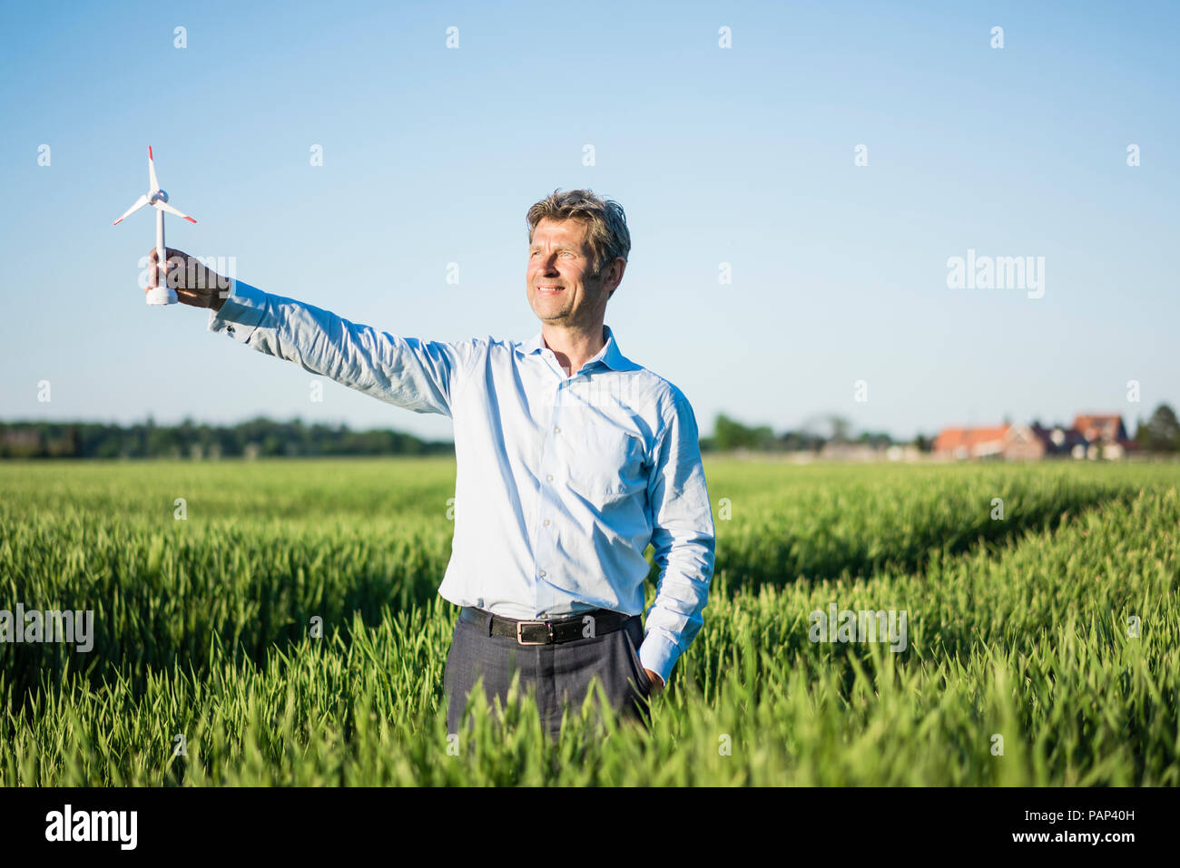 Businessman standing in grain field, holding de la roue éolienne miniature Banque D'Images Businessman standing in grain field, holding de la roue éolienne miniature Banque D'Images