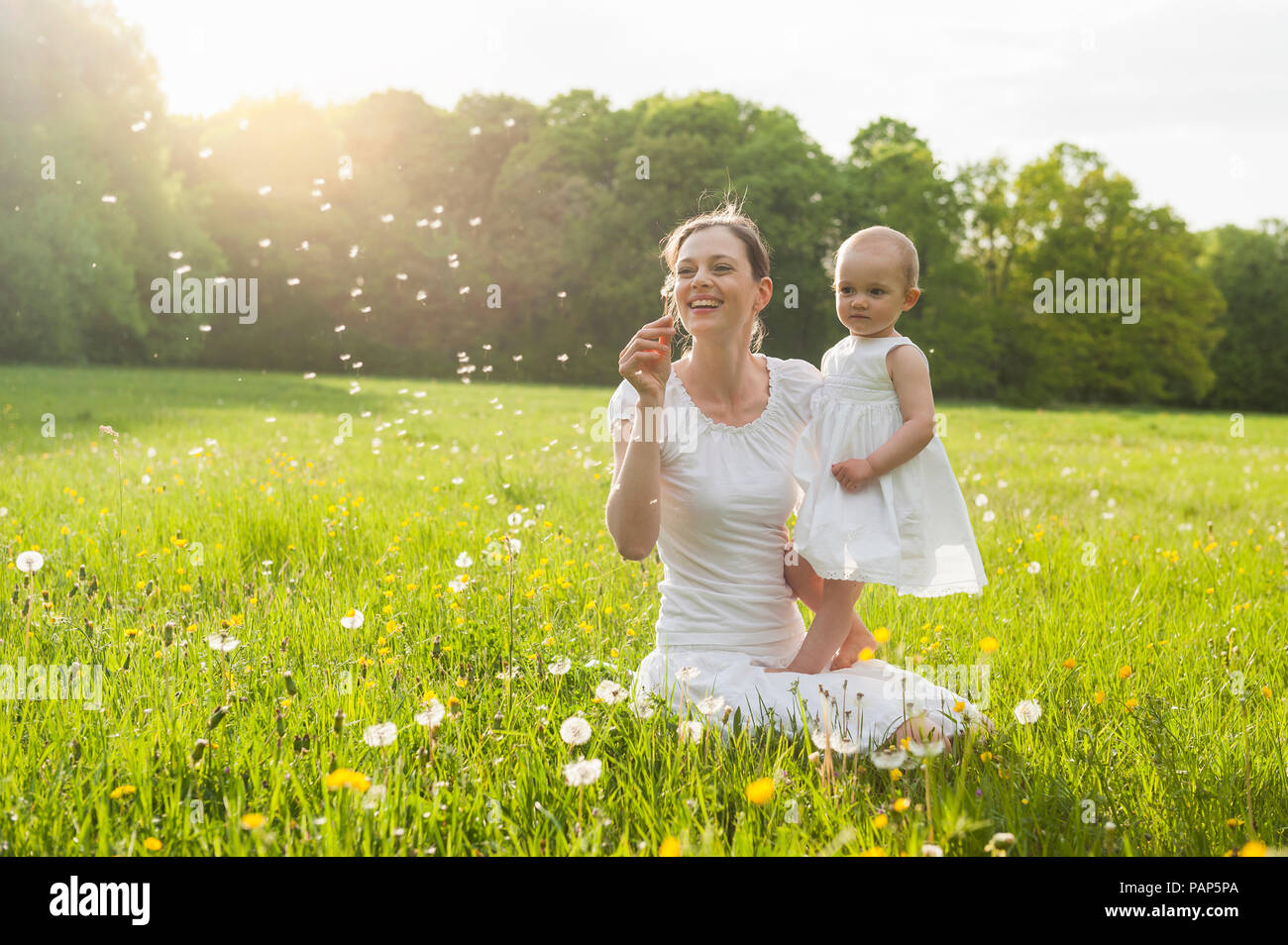 Mère et fille avec blowball sur prairie en été Banque D'Images