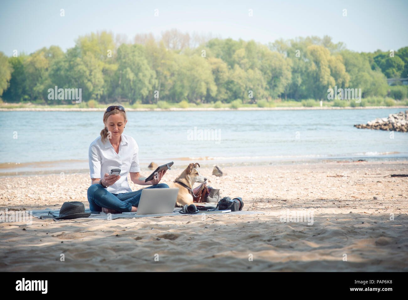 Femme assise sur couverture à une rivière avec chien à l'aide des périphériques portables Banque D'Images