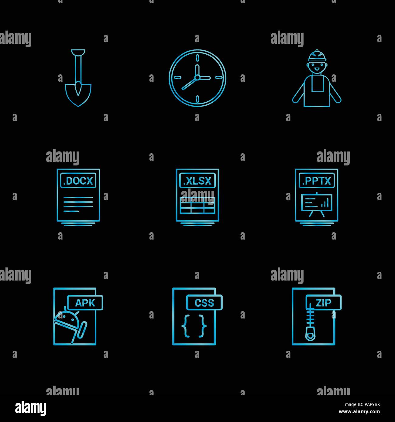 Spade , réveil , ingénieur , pptx ,power point , zip , , comprimé , docx xlsx , fichier excel , CSS , android apk, icône, vecteur, design, télévision, collectio Illustration de Vecteur