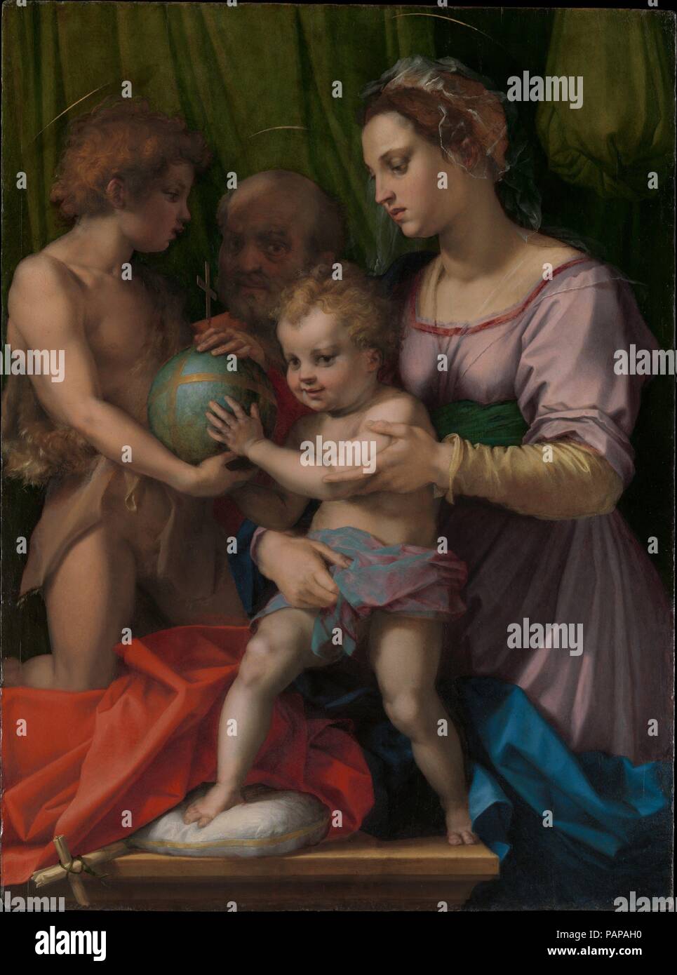 La Sainte Famille avec le jeune Saint Jean-Baptiste. Artiste : Andrea del Sarto (Andrea d'Agnolo) italien (1486-1530), Florence Florence. Dimensions : 53 1/2 x 39 5/8 in. (135,9 x 100,6 cm). Date : ca. 1528. Sarto était connu comme 'le peintre sans défauts." Ses chiffres sont tirés de façon magistrale, magnifiquement colorés, et composé d'un air de noblesse. Giovanni Borgherini a commandé ce grand sainte famille au cours de l'éphémère état de Florence comme une république avant la famille Médicis a été rétablie violemment et de façon permanente comme ses dirigeants. Sarto a exprimé la volonté politique du sens à travers l'imageur Banque D'Images