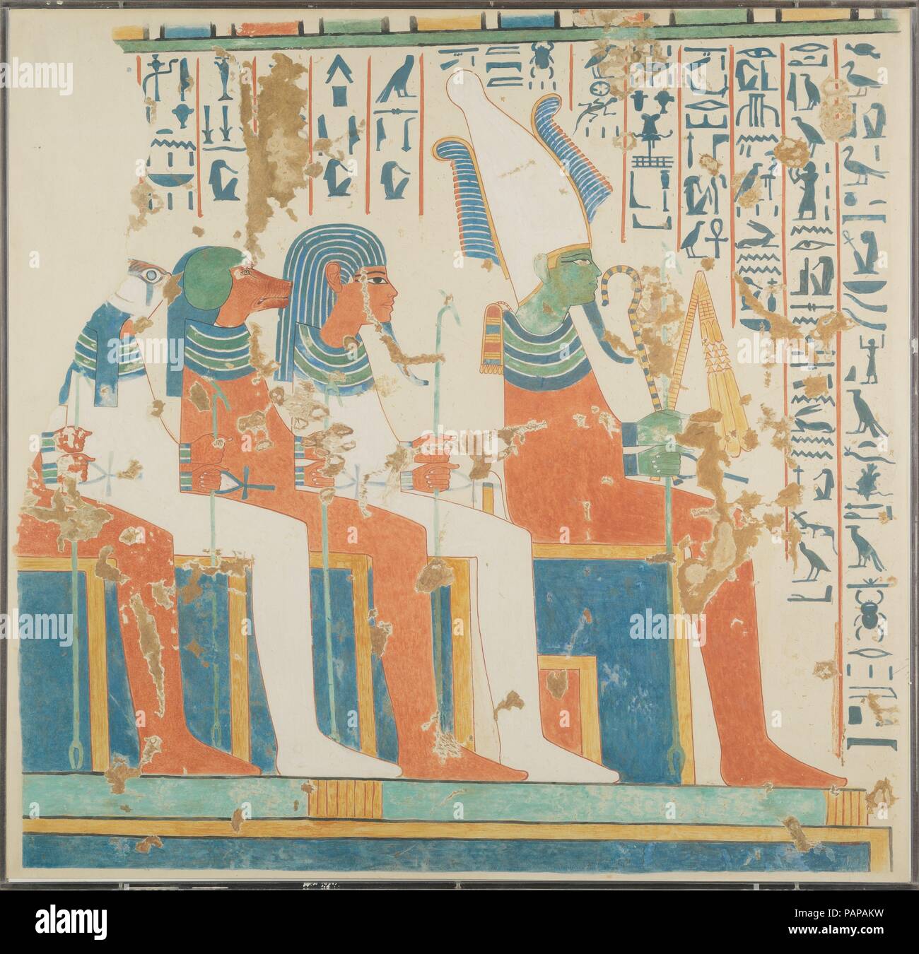Osiris et les quatre fils d'Horus, Tombe de Nebamun et Ipuky. Artiste : Nina de Garis Davies (1881-1965) ; Hugh R. Hopgood. Dimensions : Télécopieur : H. 78,5 × 81 cm (30 W. 7/8 × 31 7/8 in.) ; Pans : H. 80 × 82,6 cm (31 W. 1/2 × 32 1/2 in.) ; l'échelle. 1:1. Dynastie DYNASTIE : 18. Règne : règne d'Amenhotep III-Akhenaton. Date : ca. 1400-1352 av. J.-C.. Musée : Metropolitan Museum of Art, New York, USA. Banque D'Images