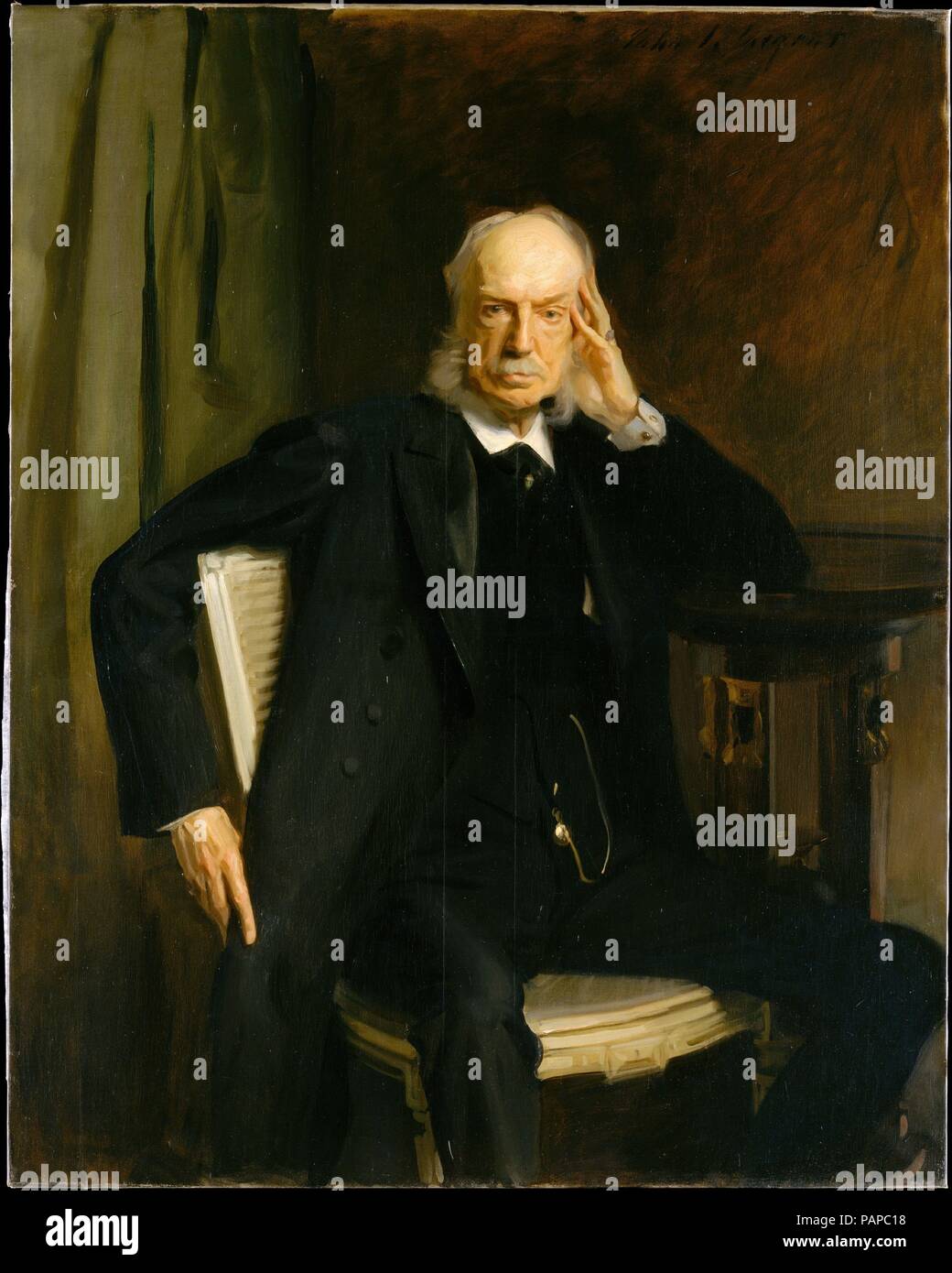 Henry G. Marquand. Artiste : John Singer SARGENT (1856-1925), Florence Londres. Dimensions : 52 x 41 3/4 in. (132,1 x 106 cm). Date : 1897. En février 1896 l'administration métropolitaine résolu de reconnaître les contributions au Musée de Henry G. Marquand (1819-1902) en commandant son portrait. Marquand avait fait fortune dans l'immobilier, de la banque et de chemins de fer. Après 1880, il se consacre à la collecte de l'art et au Metropolitan Museum, à qui il a donné un remarquable ensemble de tableaux de maîtres anciens en 1889 et qu'il servait, comme son deuxième président, de 1889 à 1902. Dans Banque D'Images