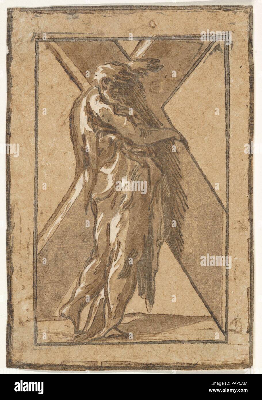 Saint Andrew debout de profil tenant une grande croix d'une série de douze apôtres'. Artiste : Après Parmigianino (Girolamo Francesco Maria Mazzola) italien (1503-1540), Parme Casalmaggiore ; Antonio da Trento (italien, 1520-1550). Fiche technique : Dimensions : 5 13/16 x 3 15/16 in. (14,7 x 10 cm). Date : ca. 1520-50. Musée : Metropolitan Museum of Art, New York, USA. Banque D'Images