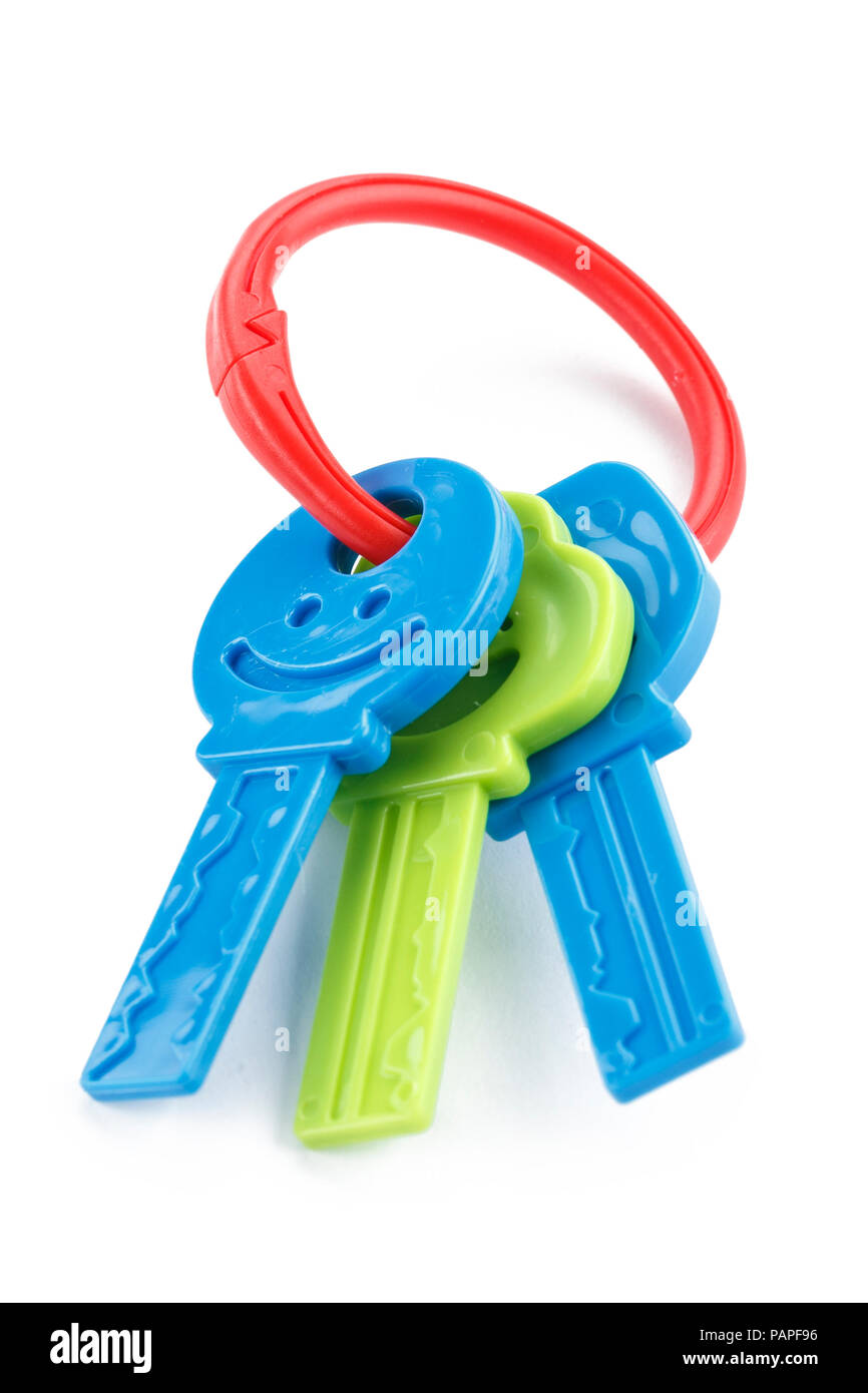 Jouets en plastique coloré, isolé des clés de dentition pour bébé Banque D'Images