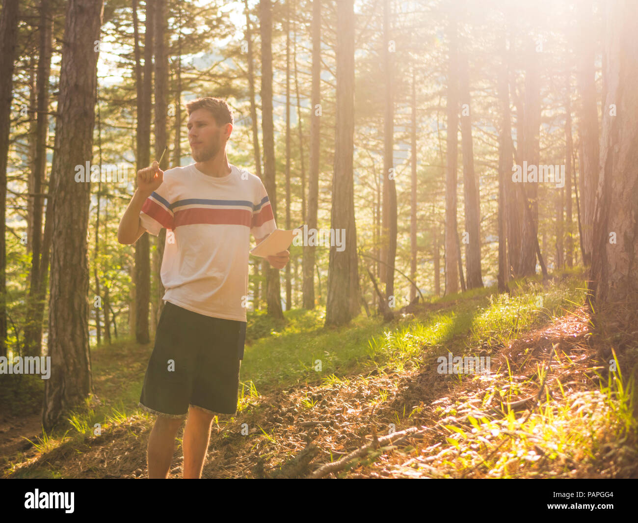 Jeune homme poète marcher en forêt sous le soleil et faire de la poésie dans sketchbook Banque D'Images