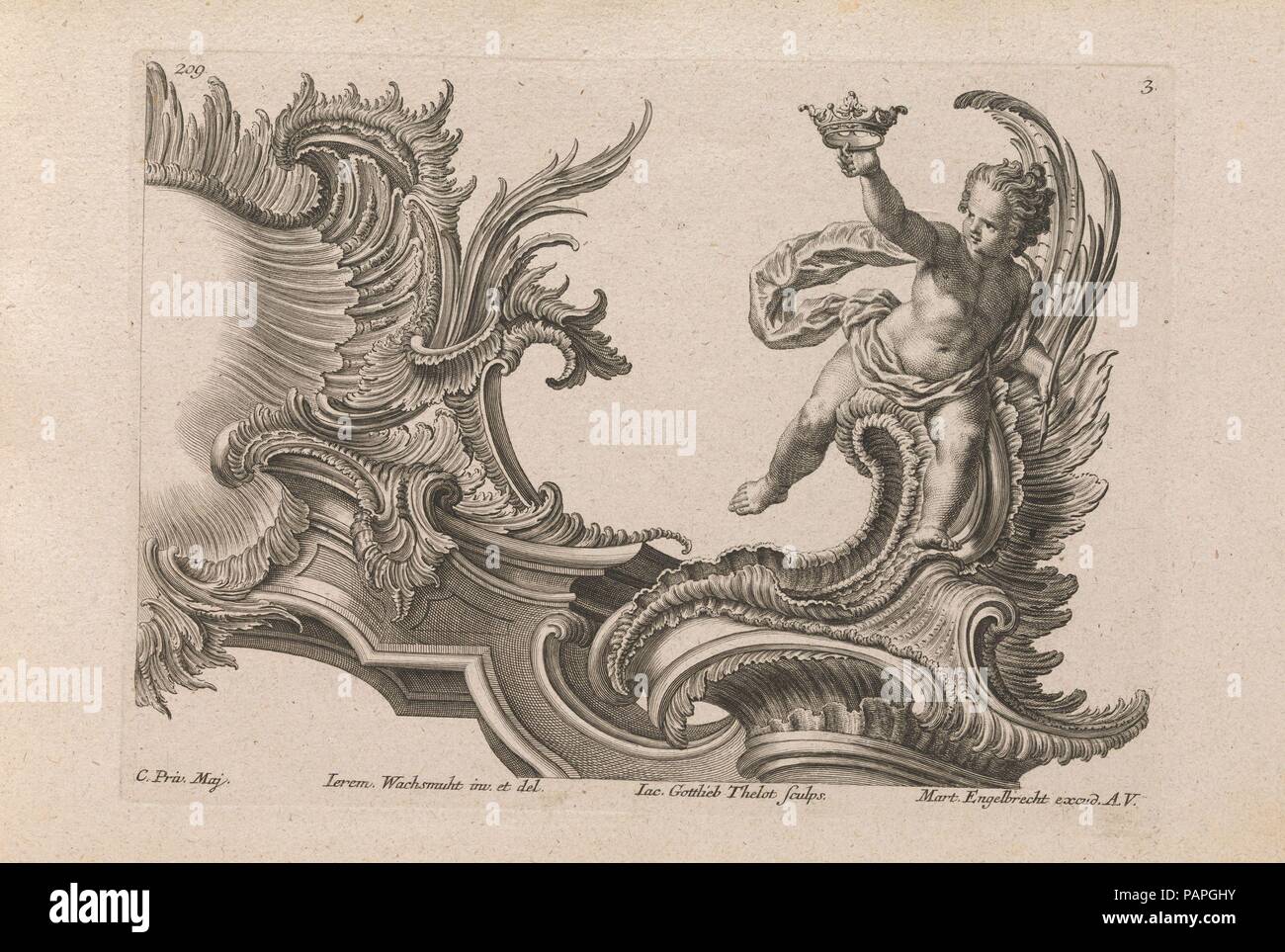 Conception d'un cartouche rocaille avec la figure d'un putto, plaque 3 à partir d'une série sans titre avec cartouches d'architecture et de figures allégoriques. Artiste : Après Jeremias Wachsmuth (allemand, 1712-1771). Dimensions : hors tout : 8 7/16 x 13 3/4 in. (21,5 × 35 cm). Graveur : Jacob Gottlieb Thelot (allemand, Augsburg Augsbourg 1708-1760). Editeur : Martin Engelbrecht (allemand, Augsburg Augsbourg 1684-1756). Date : Imprimé ca. 1750-56. Ornement imprimer avec une conception pour la moitié droite d'un grand cartouche avec la figure d'un putto tenant une couronne, lié dans un album contenant 27 séries avec un total de 122 Banque D'Images