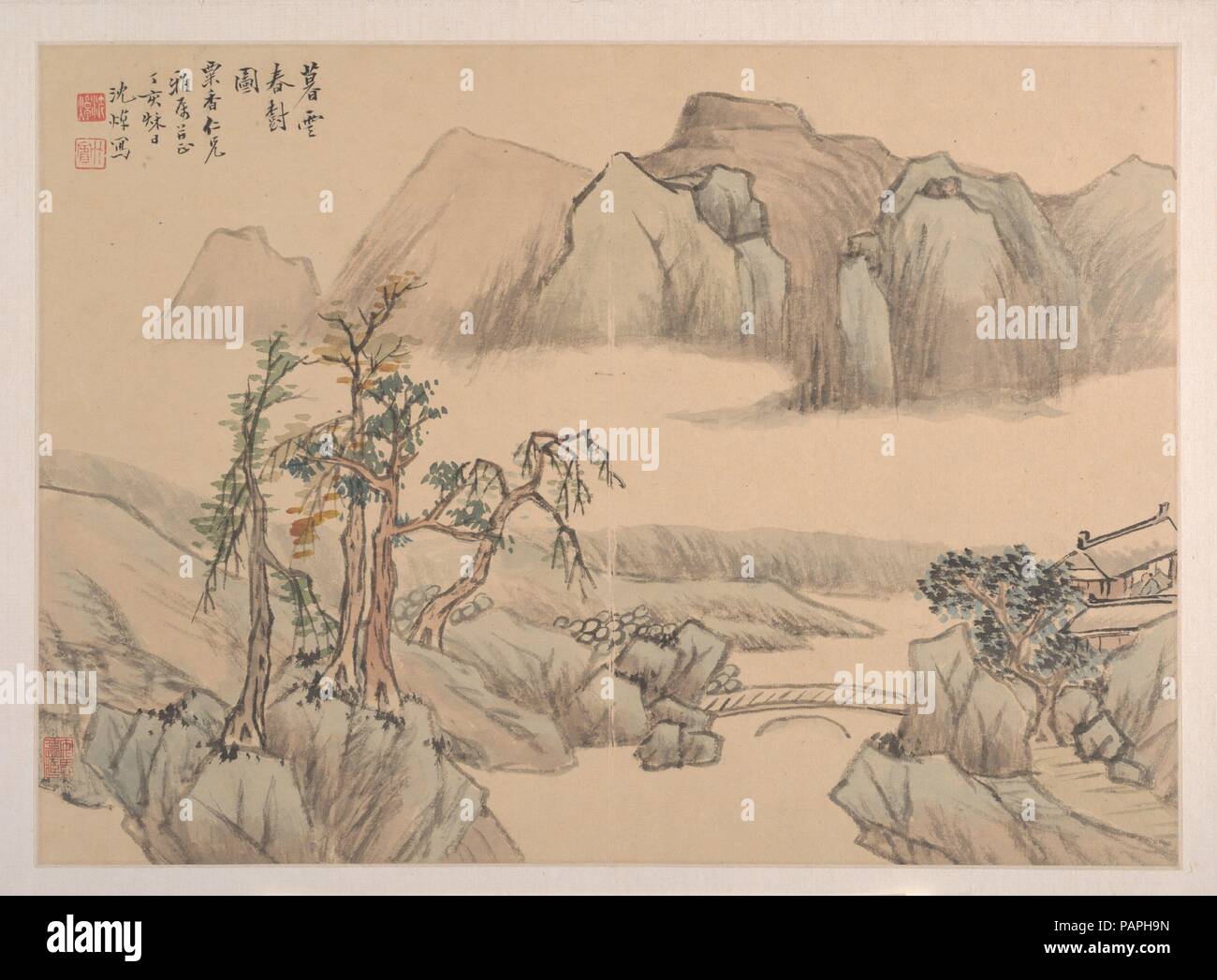 Paysage. Artiste : Shen Zhuo (actif 19e siècle). Culture : la Chine. Dimensions : 9 3/4 x 13 1/2 in. (24,8 x 34,3 cm). Date : la date de 1827. Musée : Metropolitan Museum of Art, New York, USA. Banque D'Images