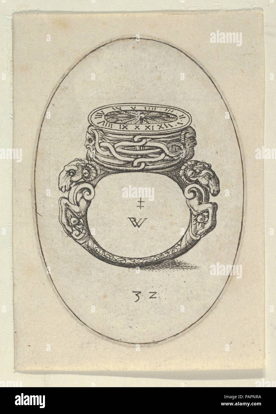 Conception d'un Ring Watch, de Livre d'Aneaux d'orfevrerie. Artiste et graveur : Pierre Woeiriot de Bouzey II (Français, Neufchâteau 1532-1599 Damblain). Dimensions : Plaque : 2 11/16 x 1 7/8 in. (6,8 x 4,7 cm) : Feuille 3 1/16 x 2 3/16 in. (7,8 x 5,5 cm). Date : 1561. 32 de la plaque est un livre de quarante dessins pour étanchéité par l'orfèvre et graveur Woeiriot publié dans Lyon, France, après Woeiriot est retourné en France à partir d'une visite à Rome. L'édition française, intitulé Livre d'aneaux d'orfévrerie de l'invention de Pierre Woeiriot Lorrain, paru en 1561. Une édition italienne, le Libro d'anella d'orefici Banque D'Images