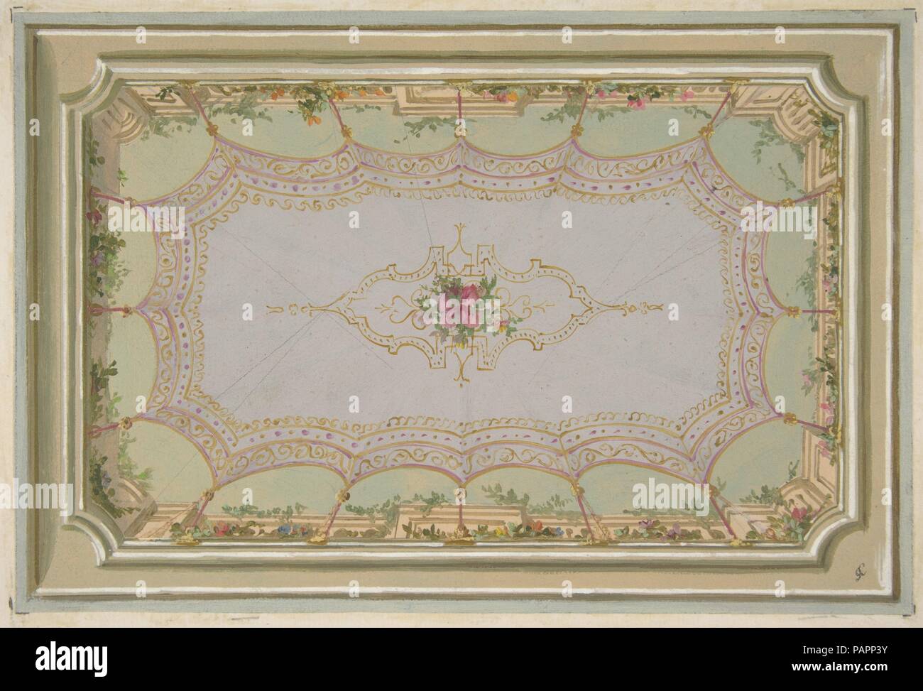 Design pour le décor peint d'un plafond avec un trompe-l'oeil couvert et roses. Artiste : Jules-Edmond-Charles Lachaise (français, est mort 1897) ; Eugène-Pierre Gourdet (Français, né à Paris, 1820-1889). Dimensions : hors tout : 10 5/8 x 14 15/16 in. (27 x 38 cm) de droit : 6 x 9 5/8 à 15/16. (16,9 x 25,2 cm). Date : 1830-97. Musée : Metropolitan Museum of Art, New York, USA. Banque D'Images