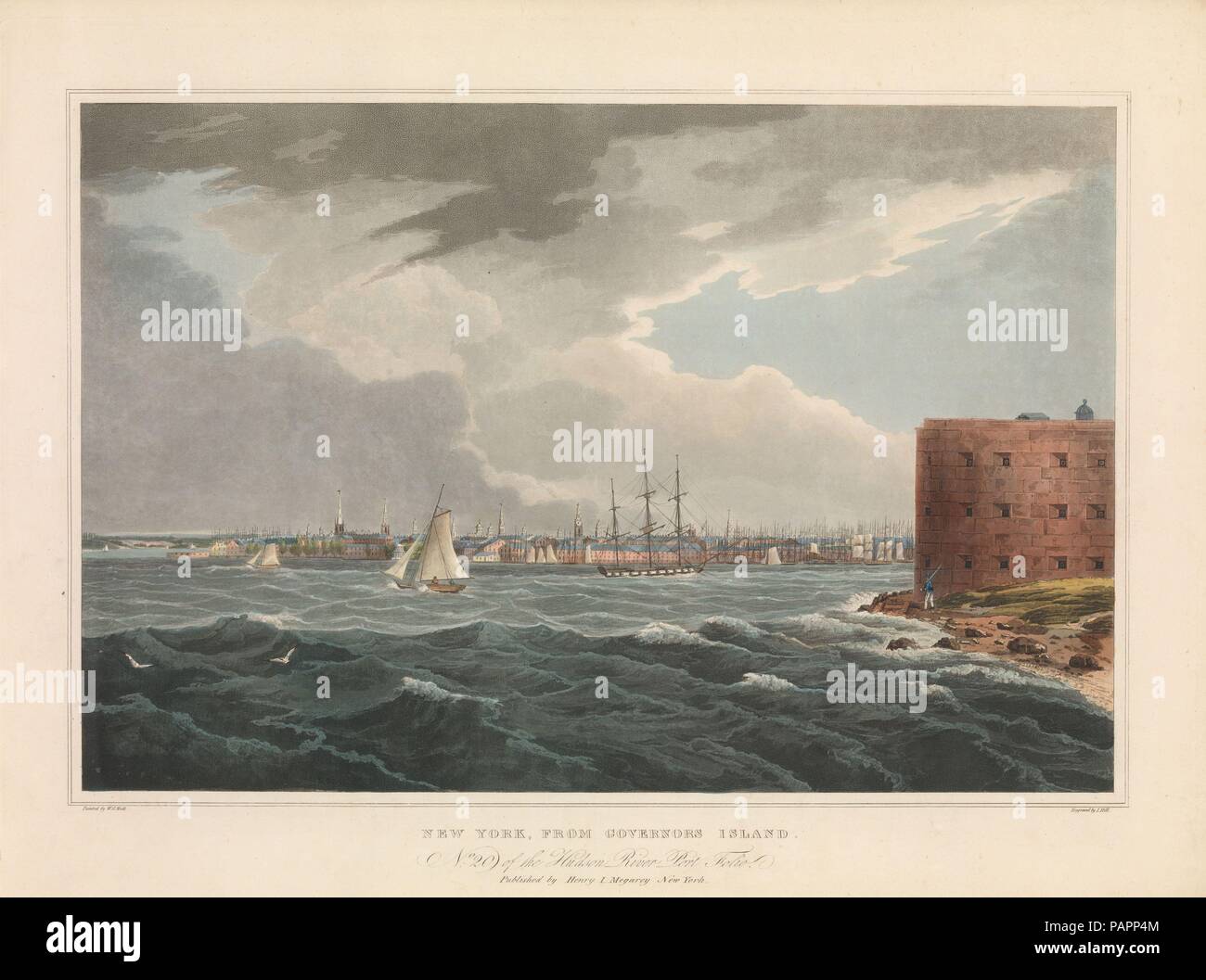 New York, du gouverneur de l'île (No. 20 Portefeuille de la rivière Hudson). Artiste : après William Guy mur (irlandaise, Dublin 1792-après 1864 (Irlande du Nord) active). Dimensions : Image : 14 1/16 x 20 3/16 po. (35,7 x 51,3 cm) : Feuille 19 x 24 1/2 in. (48,3 x 62,2 cm). Graveur : John Hill (American (né en Angleterre), Londres 1770-1850 Clarksville, New York). Editeur : Henry J. Megarey (Américain, 1818-1845). Series/portefeuille : le portefeuille de l'Hudson. Date : 1823-24. À partir de New York Harbor, nous avons ici un retour vers Manhattan et l'embouchure de l'Hudson. L'Agg texte apparenté retrace l'histoire de la ville f Banque D'Images