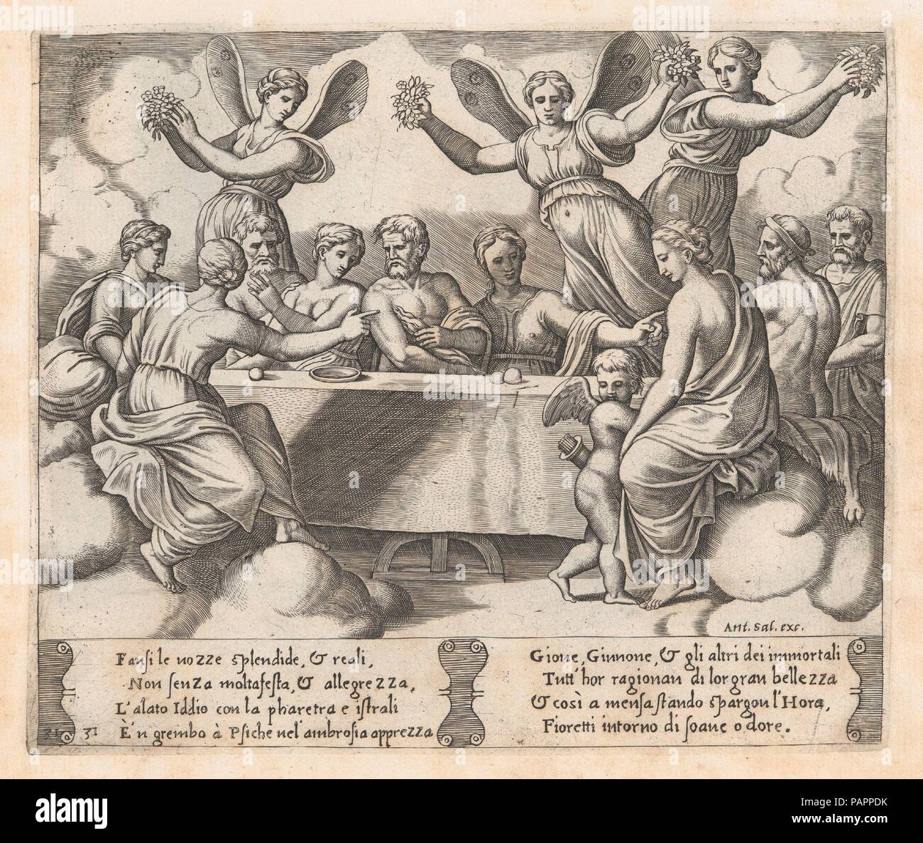 31 de la plaque : les dieux pour célébrer le mariage d'Amour et Psyché, à partir de l'histoire d'Amour et Psyché comme dit par Apulée. Artiste : Maître de la matrice active (italienne, Rome, ca. 1530-60) ; Après Michiel Coxie (I) (Malines, Russisch ca. 1499-1592 Malines). Fiche Technique : Dimensions : 10 1/4 × 15 13/16 in. (26 × 40,2 cm) Plaque : 7 11/16 × 9 1/16 in. (19,6 × 23 cm). Editeur : Antonio Salamanca Salamanca (1478-1562) de Rome. Portefeuille/Série : l'histoire d'Amour et Psyché comme dit par Apulée. Date : 1530-60. Ce livre contient 32 planches liés ensemble, dont 3 par Agostino Veneziano. Musée : Metropolitan Banque D'Images