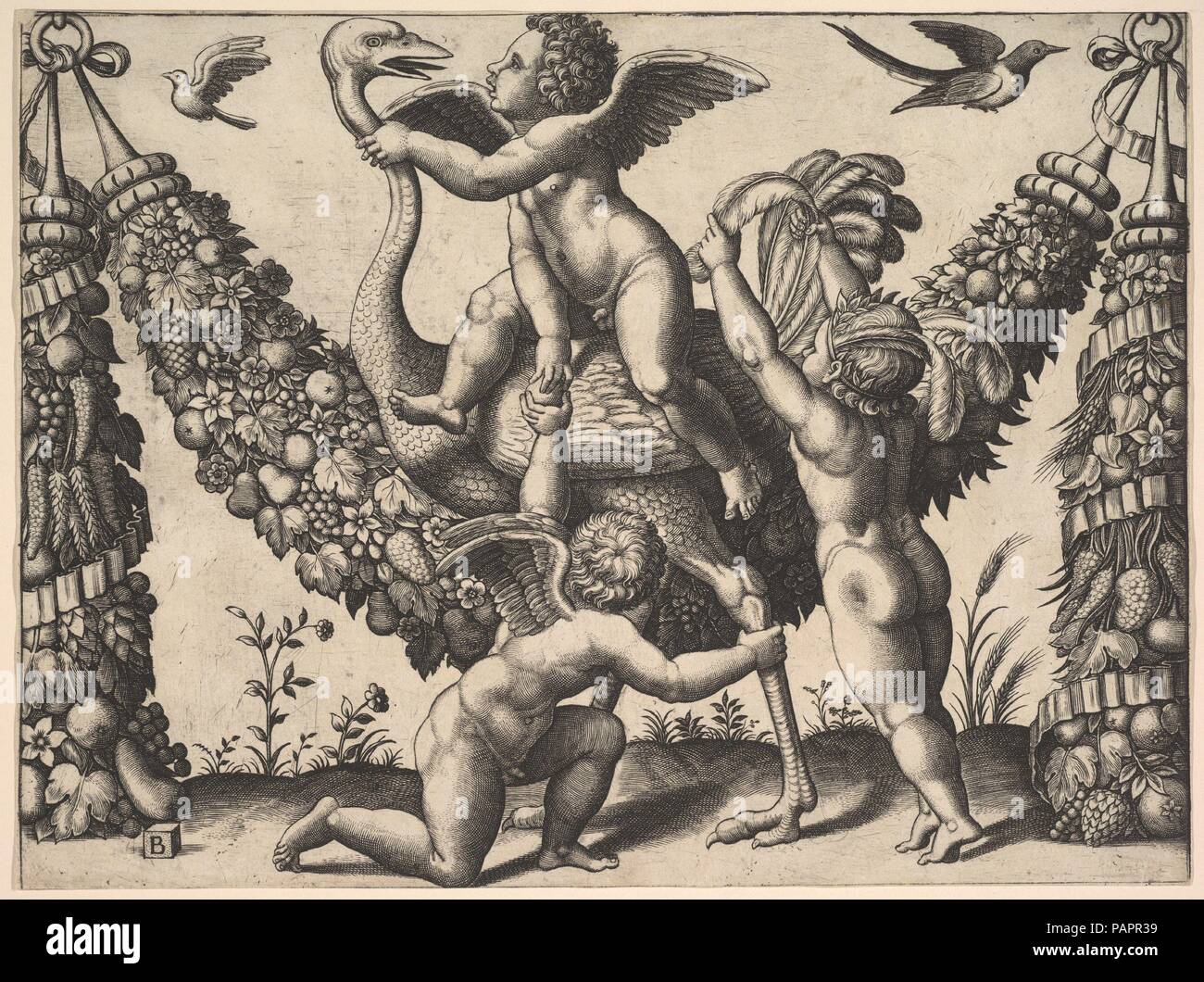 Trois putti avant un grand Garland, l'une au milieu des manèges une autruche, d'une série de tapisseries faites pour Leo X. Artist : Maître de la matrice active (italienne, Rome, ca. 1530-60) ; ?Après Raphael (Raffaello Sanzio ou Santi) (Italien, Urbino 1483-1520 Rome) ; après Giovanni da Udine (Giovanni dei Ricamatori (Italien), Udine 1487-1564 Rome). Fiche technique : Dimensions : 8 1/4 x 11 in. (21 x 28 cm). Date : ca. 1530-40. Musée : Metropolitan Museum of Art, New York, USA. Banque D'Images