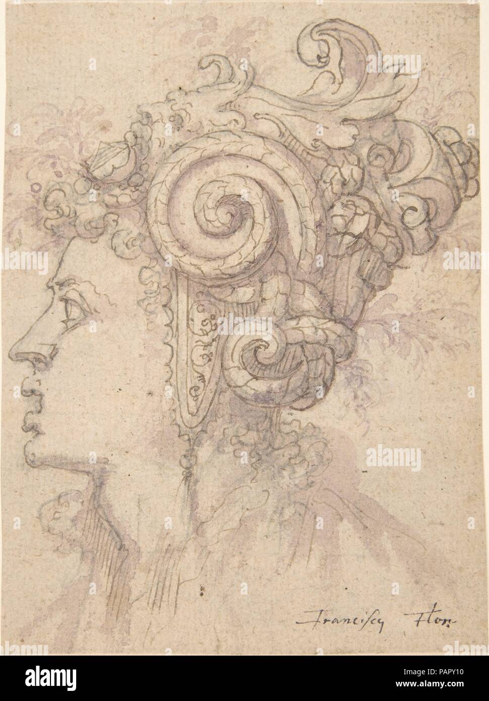 Tête de Femme avec casque à gauche. Artiste : Cercle de Francesco Salviati (Francesco de Rossi), Italien (1510-1563) Florence Rome ( ?). Fiche technique : Dimensions : 5 1/2 x 4 1/16 in. (14 x 10,3 cm). Ancienne Attribution : autrefois attribués à Anonymous, le français ( ?), fin du 16e siècle début du 17e siècle ; autrefois attribués à Frans Floris I. Date : fin du 16e siècle. Musée : Metropolitan Museum of Art, New York, USA. Banque D'Images