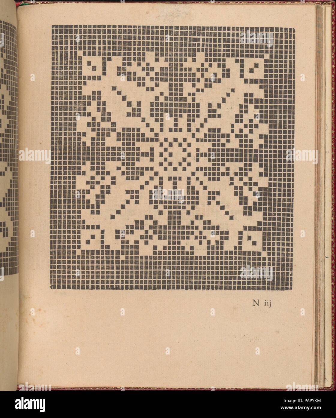 Les singuliers et Nouveaux Portraicts... page 51 (recto). Classeur : Chambolle-Duru (Français, 19ème siècle). Designer : Federico de Vinciolo (Italien, actif Paris, ca. 1587-99). Dimensions : hors tout : 8 1/16 x 6 5/16 in. (20,5 x 16 cm). Editeur : Jean Le Clerc , Paris. Sitter : Frontispice Portrait de Henri III, Roi de France et de Pologne (1551-1589) ; Portrait de Louise de Lorraine-Vaudemont (Français, 1553-1601) Nomény Moulins , reine de France. Date : 1588. Conçu par Federic de Vinciolo, publié par Jean Le Clerc, Paris, lié par Chambolle-Duru, Français, 19e siècle. De haut en bas, et de gauche Banque D'Images