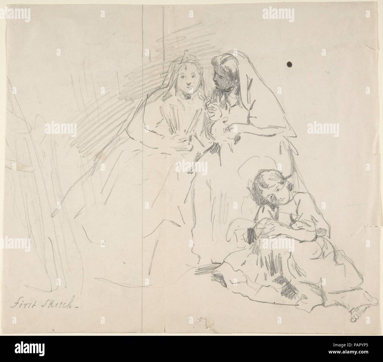 Croquis de deux femmes assises avec jeune fille assise à leurs pieds ; Verso : Esquisse d'une femme. Artiste : Charles Baugniet (Belge, 1814-1886). Dimensions : 8 3/4 x 9 9/16 in. (21,7 x 24,7 cm). Date : 1830-86. Musée : Metropolitan Museum of Art, New York, USA. Banque D'Images