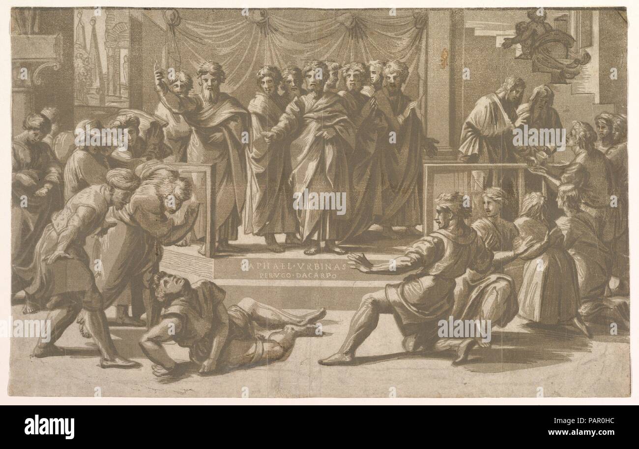 La mort d'Ananias, entouré d'Apôtres. Artiste : Après Raphael (Raffaello Sanzio ou Santi) (Italien, Urbino 1483-1520 Rome) ; Ugo da Carpi (italien, Carpi ca. Bologne 1480-1532). Fiche Technique : Dimensions : 9 1/4 x 14 5/8 in. (23,5 × 37,2 cm). Date : 1518. Musée : Metropolitan Museum of Art, New York, USA. Banque D'Images