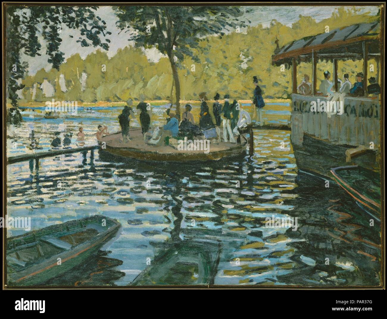 La Grenouillère. Artiste : Claude Monet (français, Paris 1906-1957 Giverny). Dimensions : 29 3/8 x 39 1/4 in. (74,6 x 99,7 cm). Date : 1869. Au cours de l'été 1869, Monet et Renoir planter leur chevalet à la Grenouillère, une station balnéaire et nautique sur la Seine, non loin de Paris. Monet a noté le 25 septembre, 'J'ai un rêve, une peinture, les bains de la Grenouillère, pour lequel j'ai fait quelques mauvais croquis, mais ce n'est qu'un rêve. Renoir, qui vient de passer deux mois ici, veut également faire cette peinture.' Parmi leurs diverses représentations de l'objet, cette composition en étroite collaboration rese Banque D'Images