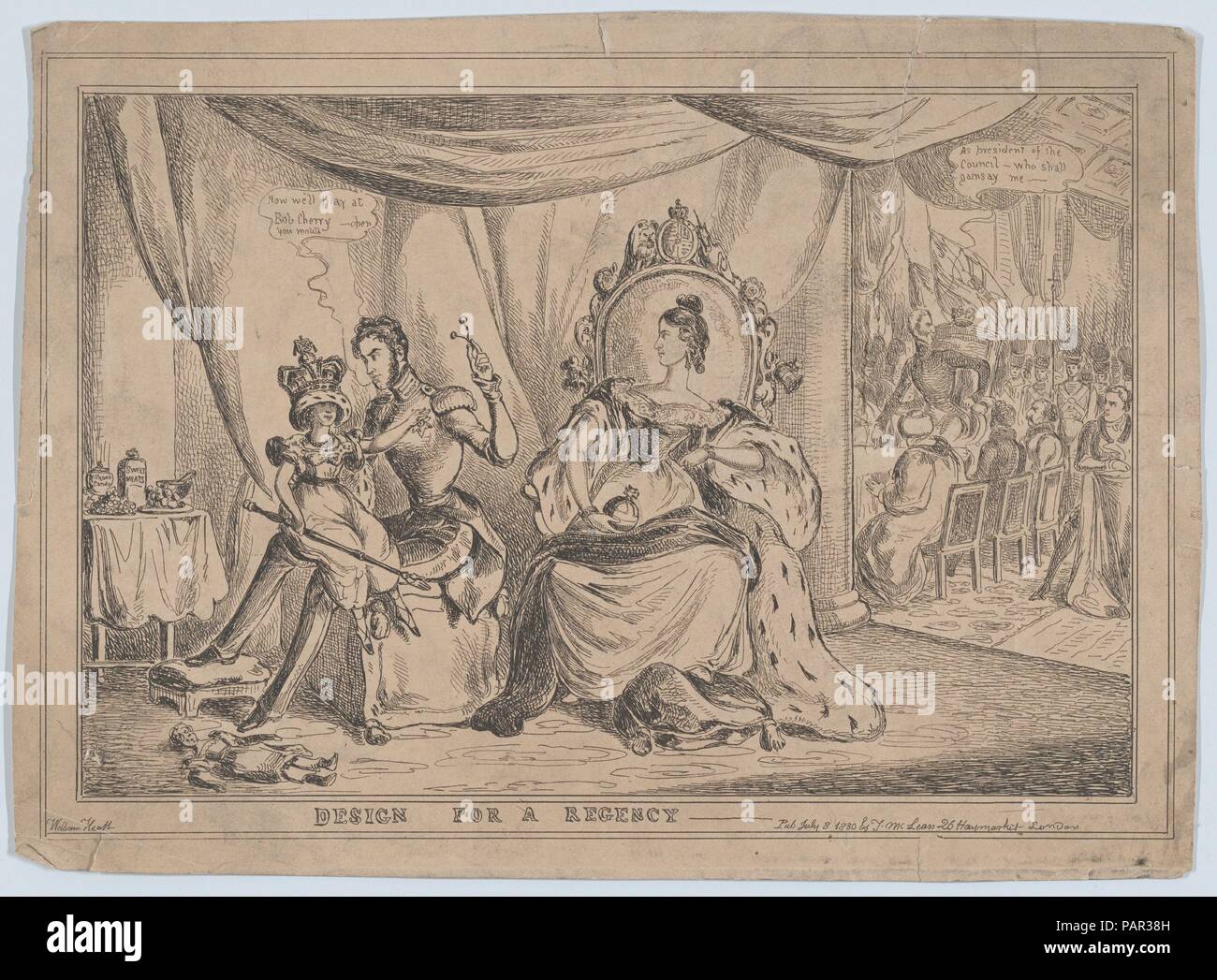 Conception pour une Régence. Artiste : William Heath ('Paul' faire levier) (britannique, Londres Hampstead 1795-1840). Fiche Technique : Dimensions : 10 1/4 × 14 1/8 in. (26 × 35,8 cm) Plaque (partiellement découpés) : 10 × 14 1/8 in. (25,4 × 35,8 cm). Objet : William IV, Roi du Royaume-Uni de Grande-Bretagne et d'Irlande (1765-1837), britannique, Arthur Wellesley, 1er duc de Wellington (1769-1852), Britannique, Victoria, duchesse de Kent (Coburg, Allemagne 1786-1861 Frogmore House, Windsor), Léopold Ier, Roi des Belges (1790-1865) ; la princesse Alexandrina Victoria (Colombie britannique, Londres 1819-1901 Île de Wight). Date : 8 juillet 1830. Musée : Metr Banque D'Images