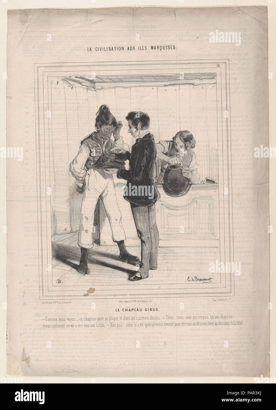 L'Opéra Hat. Artiste : Édouard de Beaumont (Français, Lannion 1821-1888 Paris). Fiche Technique : Dimensions : 10 × 14 3/16 5/16 in. (25,8 × 36,3 cm) Image : 7 15/16 × 6 7/16 in. (20,1 × 16,4 cm). Imprimante : Aubert et Cie. Editeur : Pannier & Cie. Series/portefeuille : La civilisation aux Iles Marquises. Date : 1843-44. Musée : Metropolitan Museum of Art, New York, USA. Banque D'Images