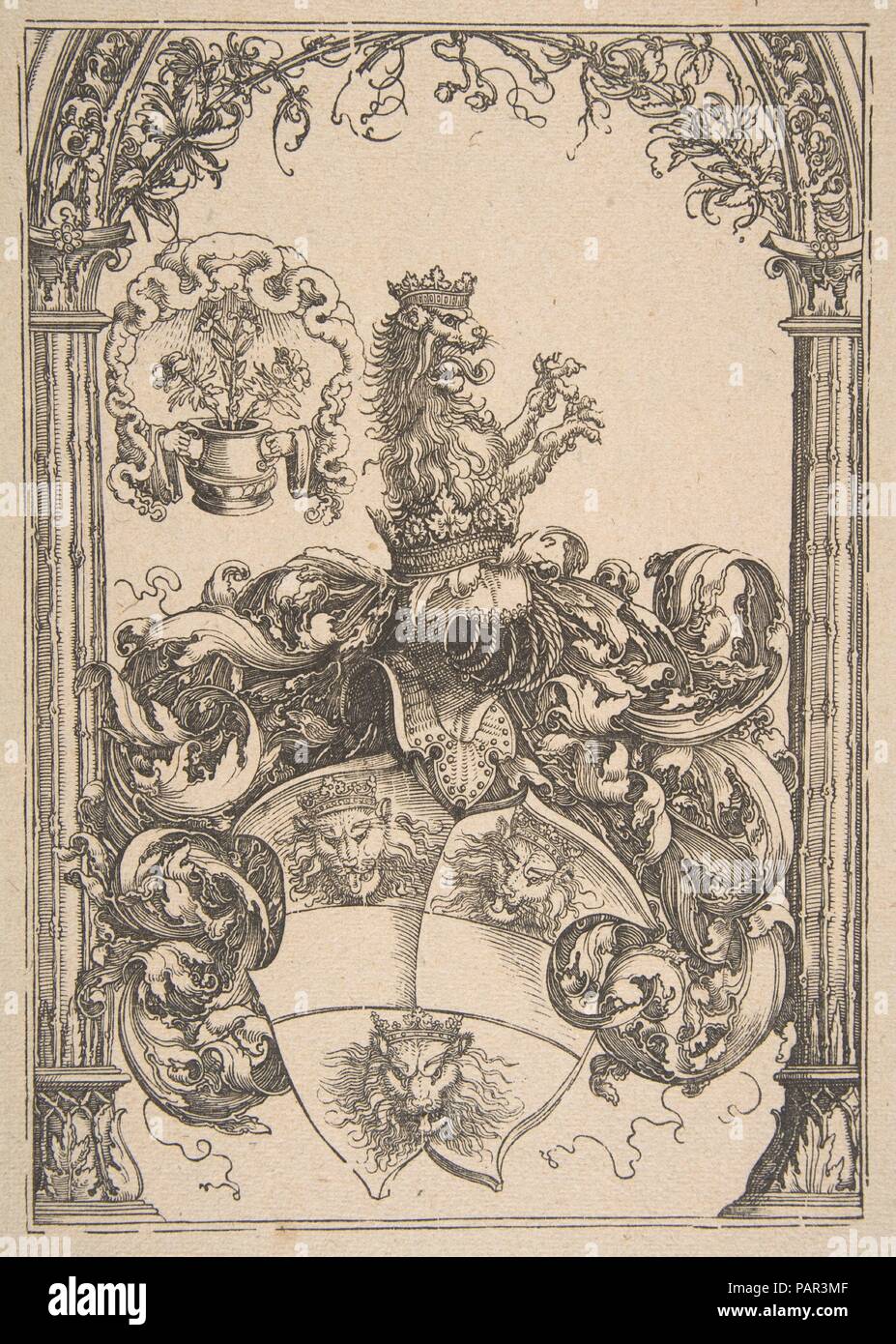 Blason avec trois têtes de lions. Artiste : Albrecht Dürer (Nuremberg, Allemagne Nuremberg 1471-1528). Fiche technique : Dimensions : 12 x 9 15/16 13/16 in. (32,9 x 25 cm) de droit : 10 3/16 x 7 1/8 in. (25,9 x 18,1 cm). Date : n.d.. Musée : Metropolitan Museum of Art, New York, USA. Banque D'Images