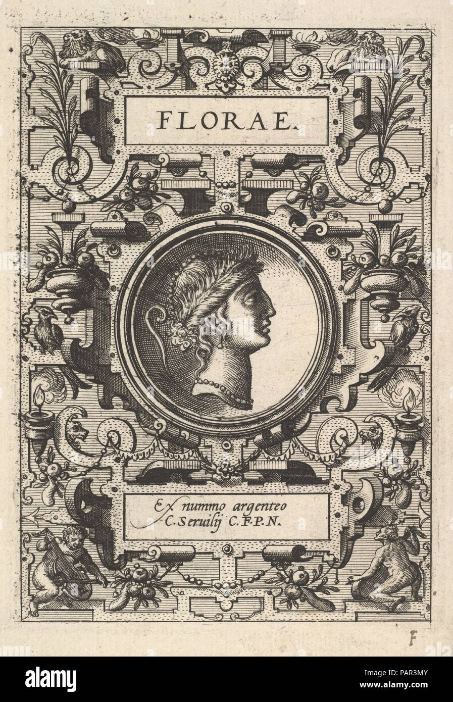 Buste de Florae entouré par strapwork, de la série 'Deorum dearumque", un ensemble d'images de divinités après les pièces de la collection d'Abraham Ortelius. Artiste : Russisch, Anonyme, 16e siècle ; après Hans Vredeman de Vries (Leeuwarden, Russisch 1527-1606 ( ?) Anvers ( ?)). Dimensions : plateau : 4 7/8 x 3 7/16 in. (12,4 x 8,7 cm) : Feuille 7 3/8 x 5 3/8 in. (18,8 x 13,6 cm). Editeur : Philips (Galle, Russisch Haarlem 1537-1612 Anvers). Series/portefeuille : Deorum dearumque, un ensemble d'images de divinités après les pièces de la collection d'Abraham Ortelius. Date : 1573. Musée : Metropolitan Banque D'Images
