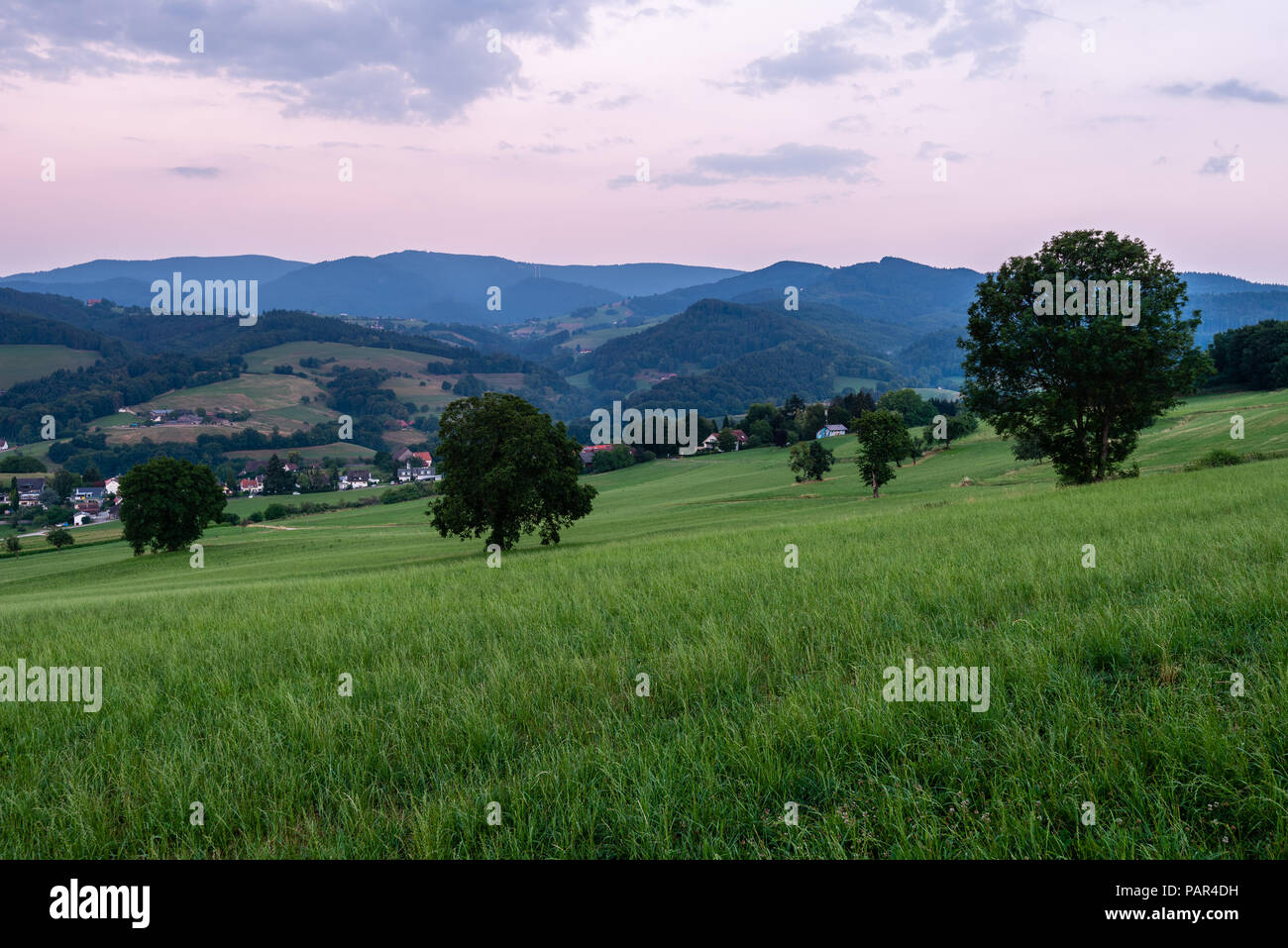 Coucher de soleil sur Freiburg im Breisgau, Allemagne en été. Banque D'Images