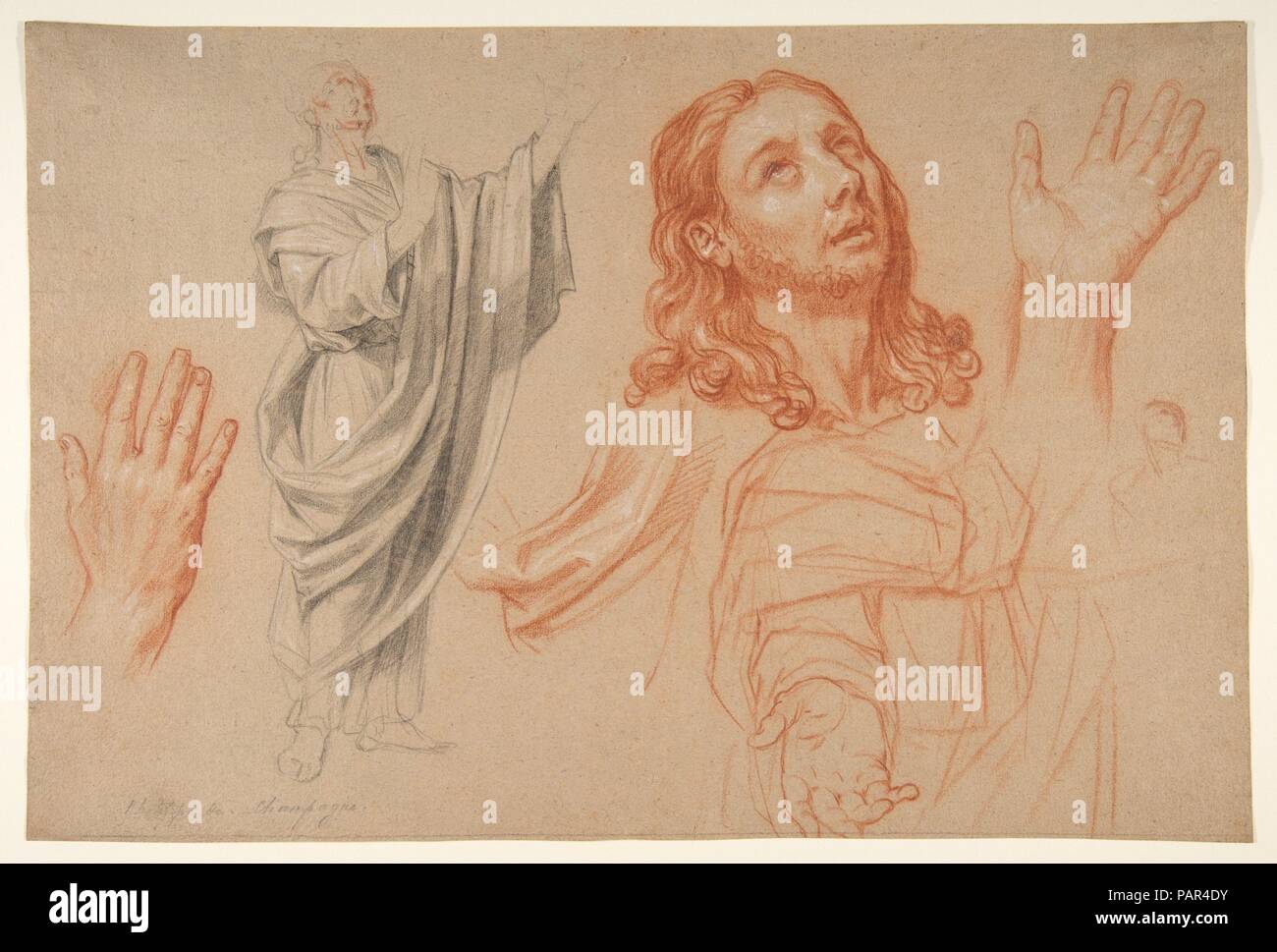 Études pour 'la conversion du geôlier avant Saint Paul et Silas'. Artiste : Nicolas de Plattemontagne (français, Paris 1631-1706 Paris). Dimensions : 11 1/8 x 16 5/8 in. (28,4 x 42,3 cm). Date : 1666. Nicolas de Plattemontagne affinités stylistiques du avec son professeur, Philippe de Champaigne, ont donné lieu à misattributions, comme vu dans l'inscription sur cette feuille. Les deux artistes a excellé dans la peinture de portraits et de sujets religieux, et ce dessin montre l'intérêt de Plattemontagne dans portraitlike donnant à la spécificité de l'acteur dans ses drames bibliques. Les études portent sur la figure Banque D'Images