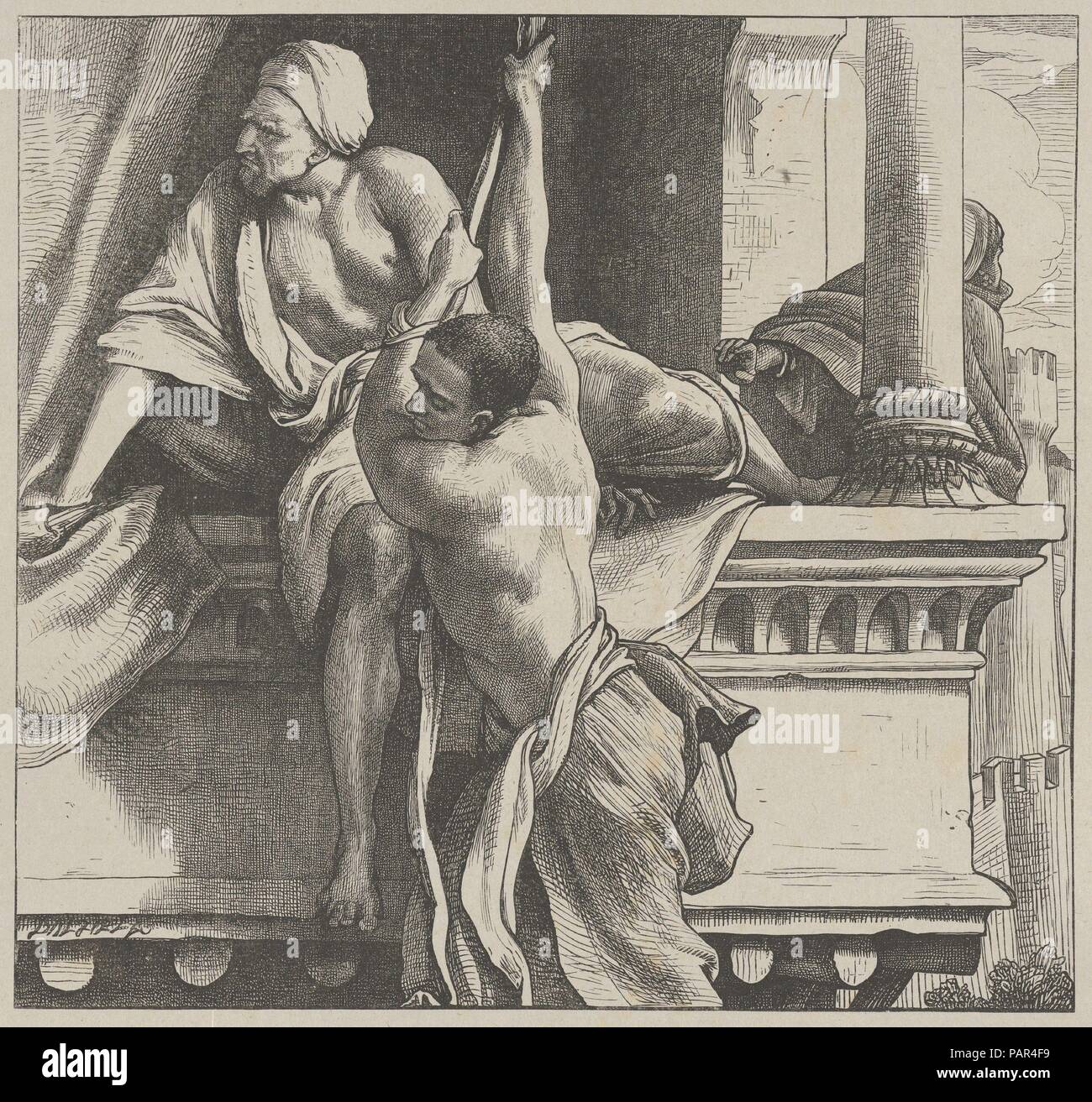Les espions s'échapper (Dalziels' Bible Galerie). Artiste : Après Frédéric, Seigneur Leighton (British, Scarborough 1830-1896 Londres). Dimensions : Image : 6 5/8 po. × 7 in. (16,8 × 17,8 cm) Inde : Feuille 8 × 8 9/16 15/16 in. (21,8 × 22,7 cm) Mont : 16 7/16 po. × 12 15/16 in. (41,8 × 32,8 cm). Graveur : Dalziel Brothers (britannique, 1839-1893) active. Imprimante : Camden Press (britannique, Londres). Editeur : Scribner et Welford (New York, NY). Date : 1865-81. Musée : Metropolitan Museum of Art, New York, USA. Banque D'Images