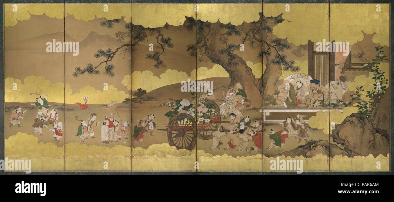 Sept Dieux de la bonne fortune et enfants chinois. Artiste : Kano Chikanobu (japonais, 1660-1728). Culture : le Japon. Dimensions : 69 1/4 x 153 in. (175,9 x 388,6 cm). Date : 17ème-18ème siècle. Dans cet écran, trois des sept dieux de la bonne fortune (, Ebisu, Daikoku et Hotei) et un groupe d'enfants chinois servent de références visuelles pour la richesse, la prospérité, et l'abondance. Certains des enfants tirer un panier de fleurs (hana-guruma) chargé d'un panier de bambou débordant de pivoines (emblématique de la richesse et l'honneur) et d'autres fleurs associées à la bonne fortune. Le panier de fleurs, un autre sujet populaire pour s Banque D'Images